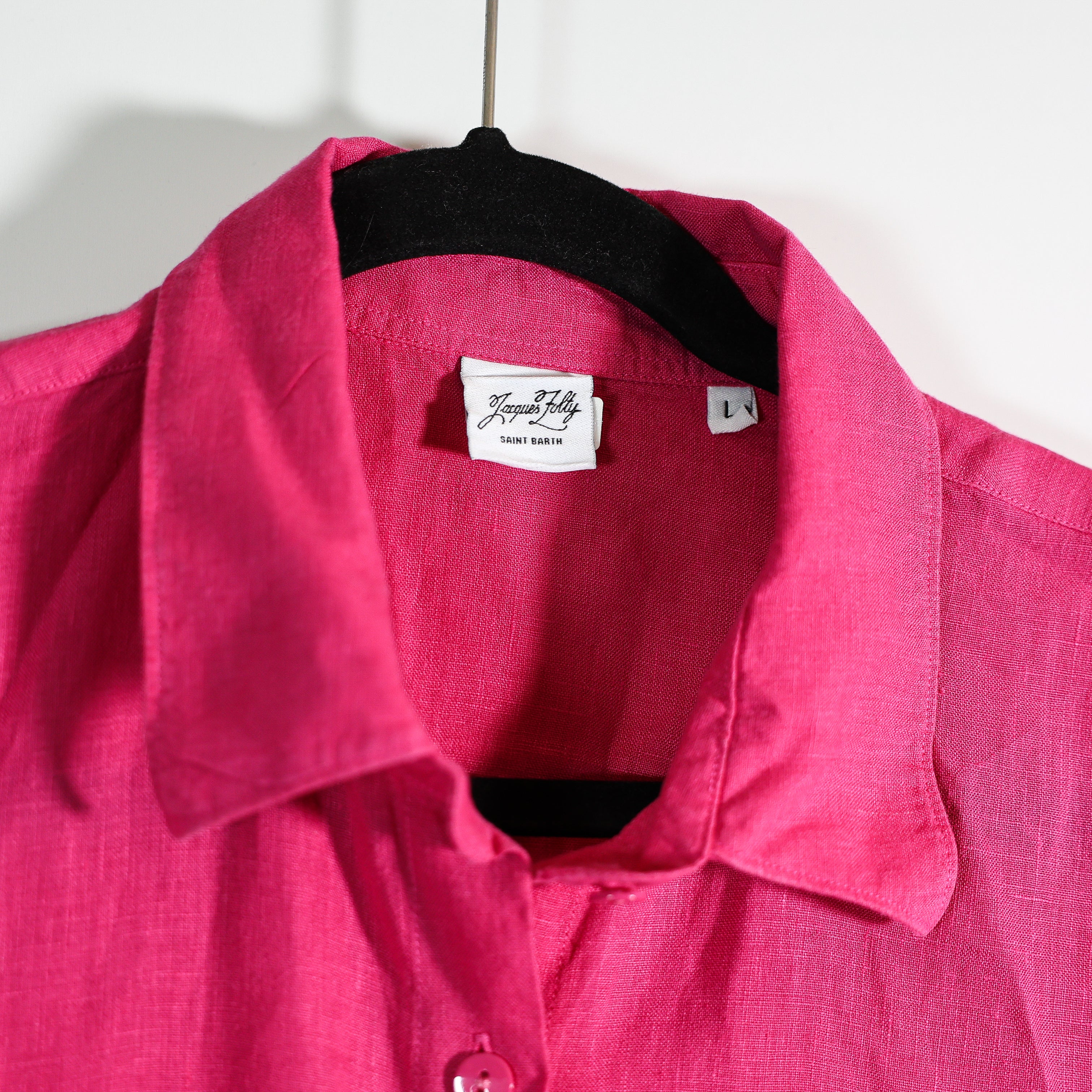 Jacques Zolty Saint Barth Linen Collared Long Sleeve Button Down Midi Dress Pink