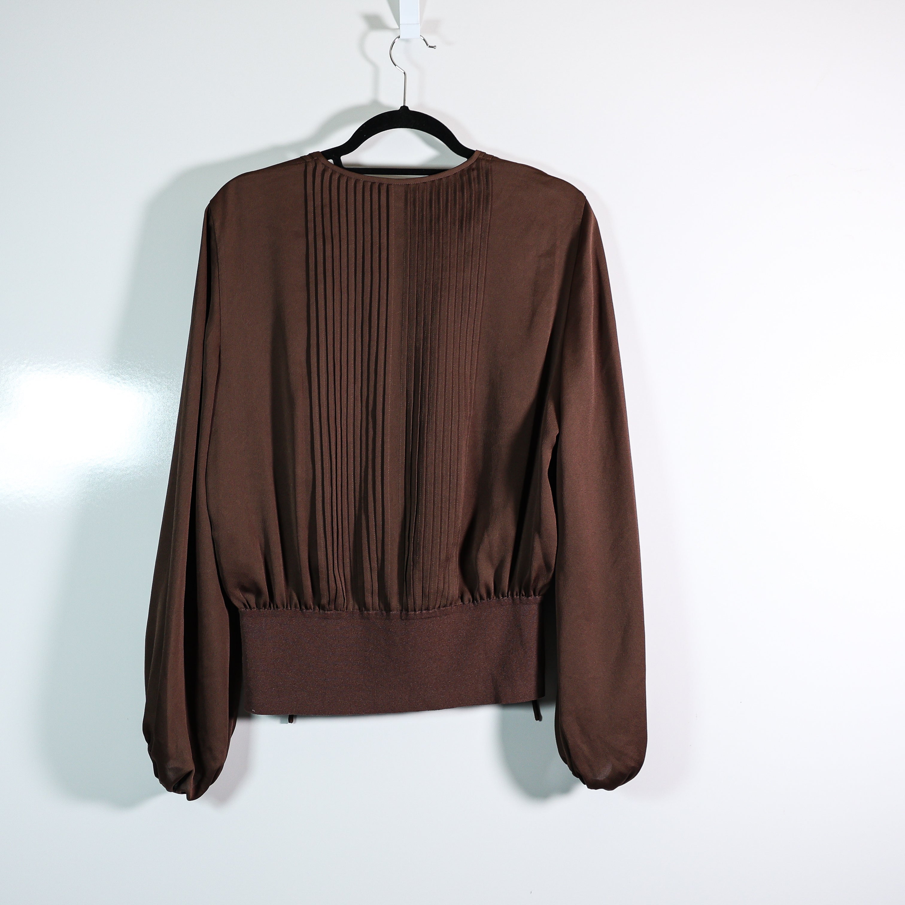 Lafayette 148 Pintuck Blouson Long Sleeve Tie Neck Satin Blouse Shirt Top Wood M