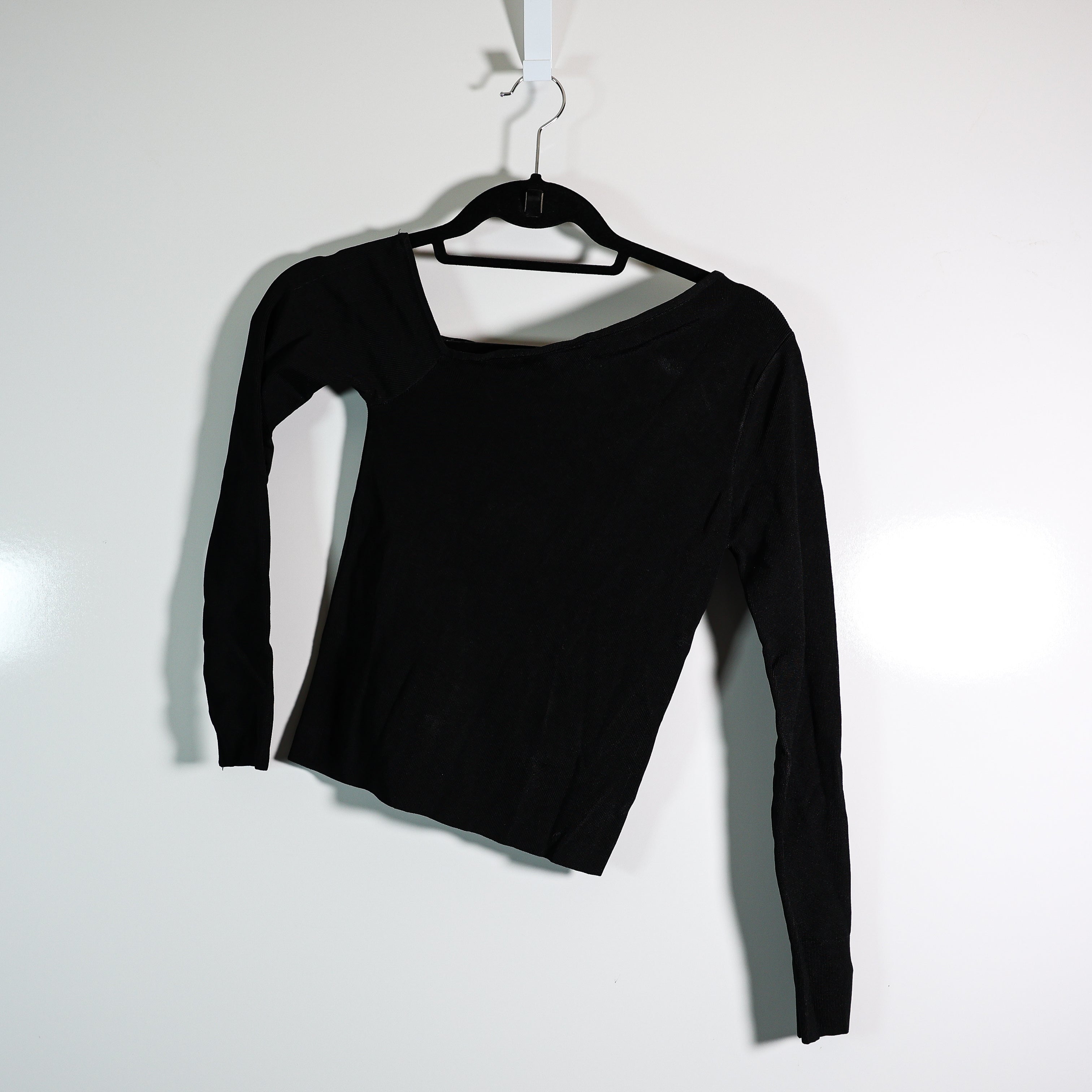 NEW Zara Ribbed Knit Stretch Asymmetrical Collar Long Sleeve Blouse Shirt Top S