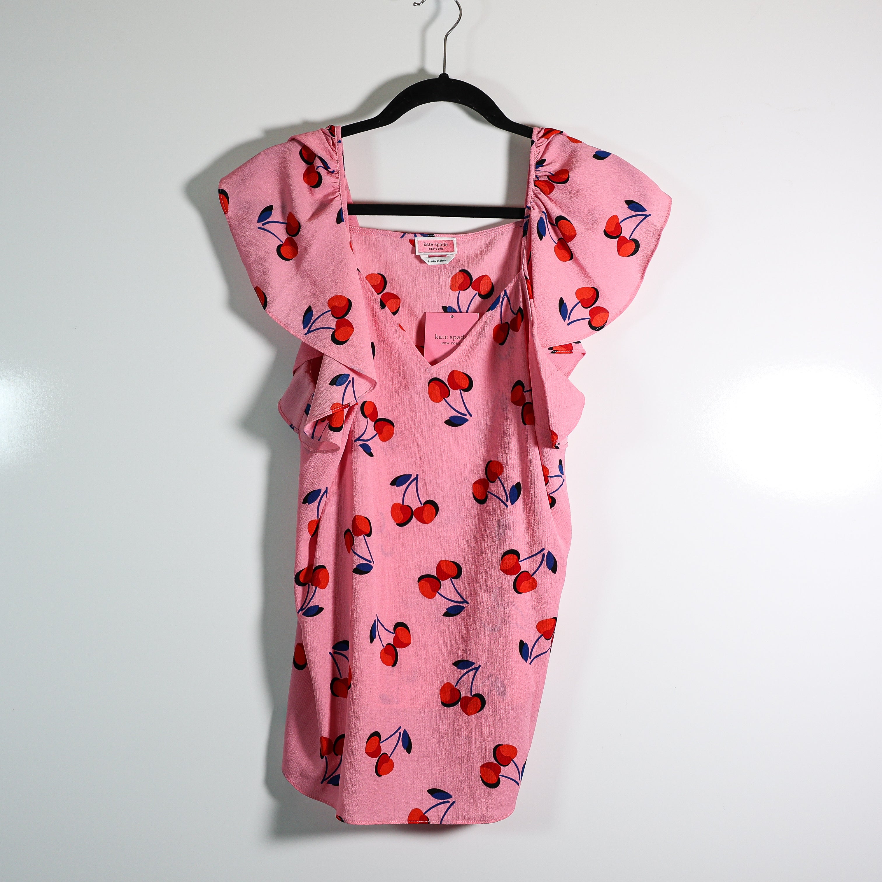 NEW Kate Spade Cherry Fruit Toss Flutter Top Print Pattern Crepe Blouse Pink L