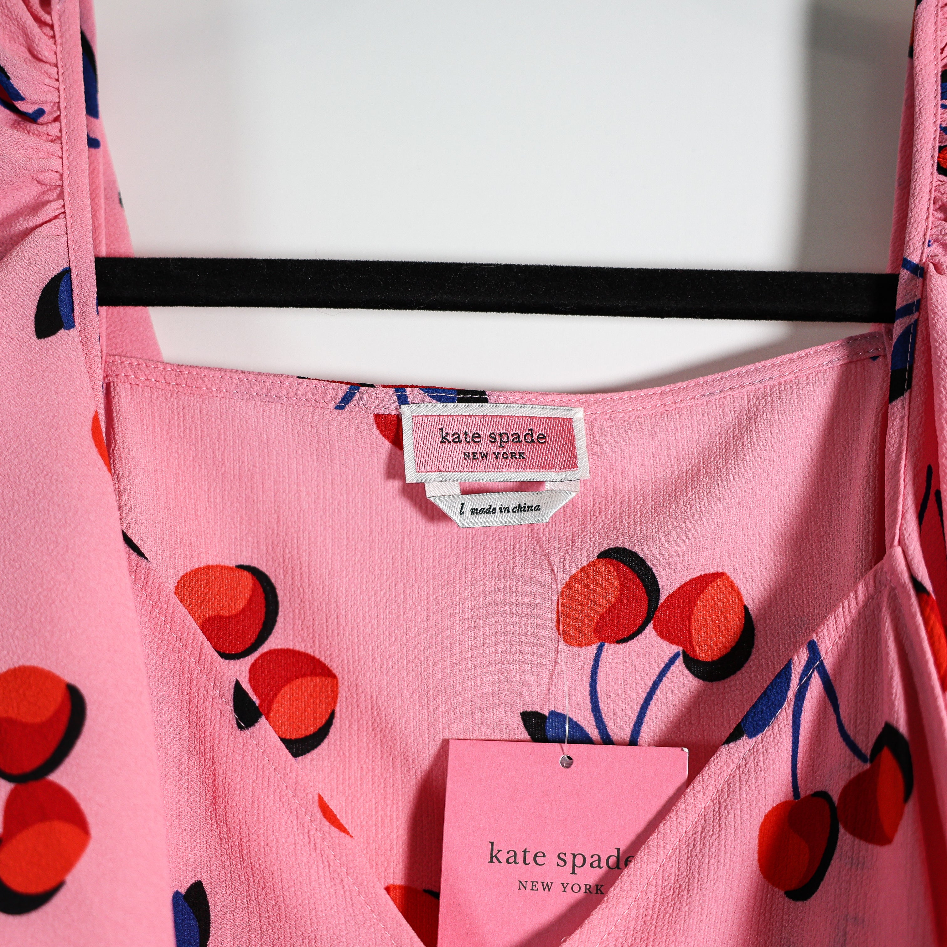 NEW Kate Spade Cherry Fruit Toss Flutter Top Print Pattern Crepe Blouse Pink L