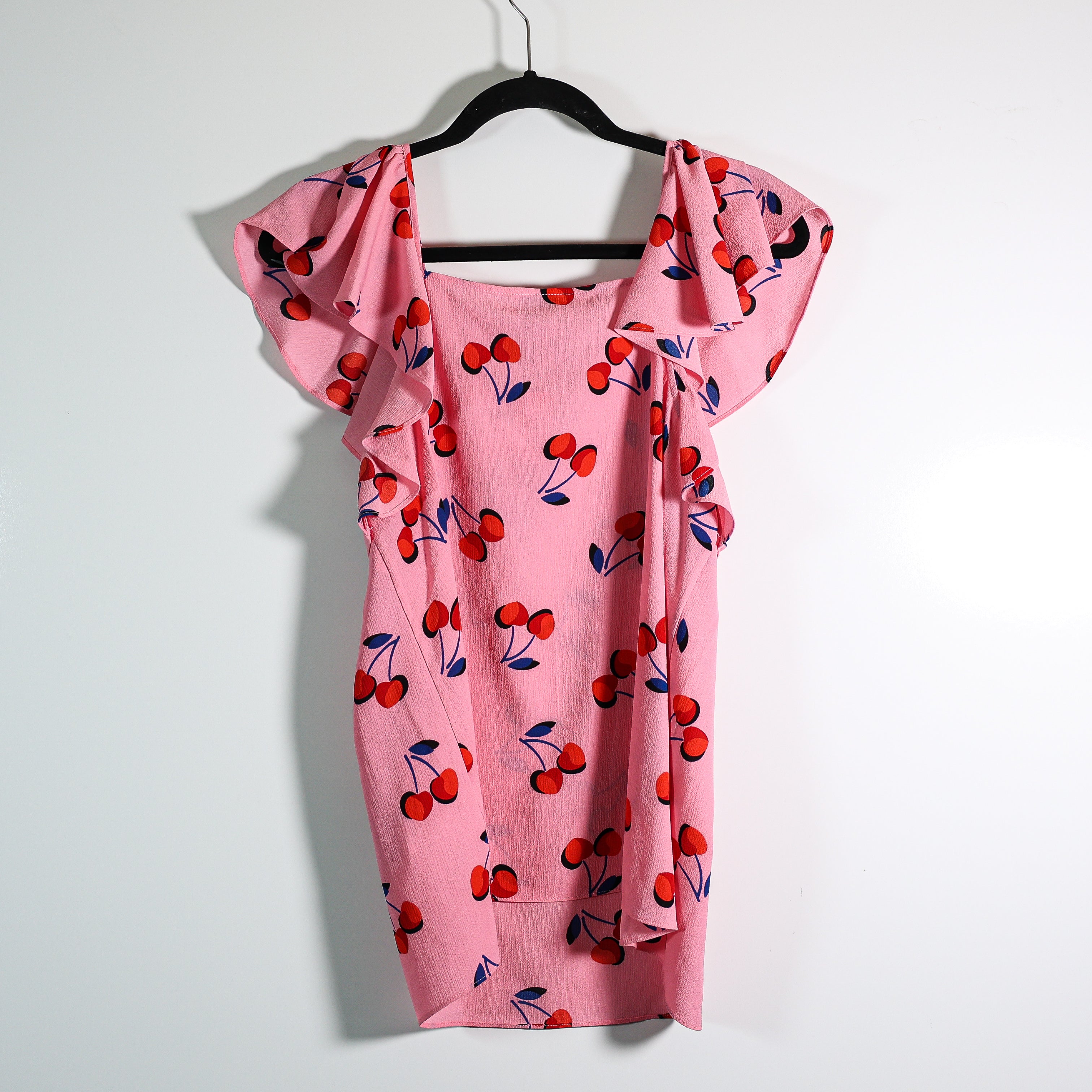 NEW Kate Spade Cherry Fruit Toss Flutter Top Print Pattern Crepe Blouse Pink L