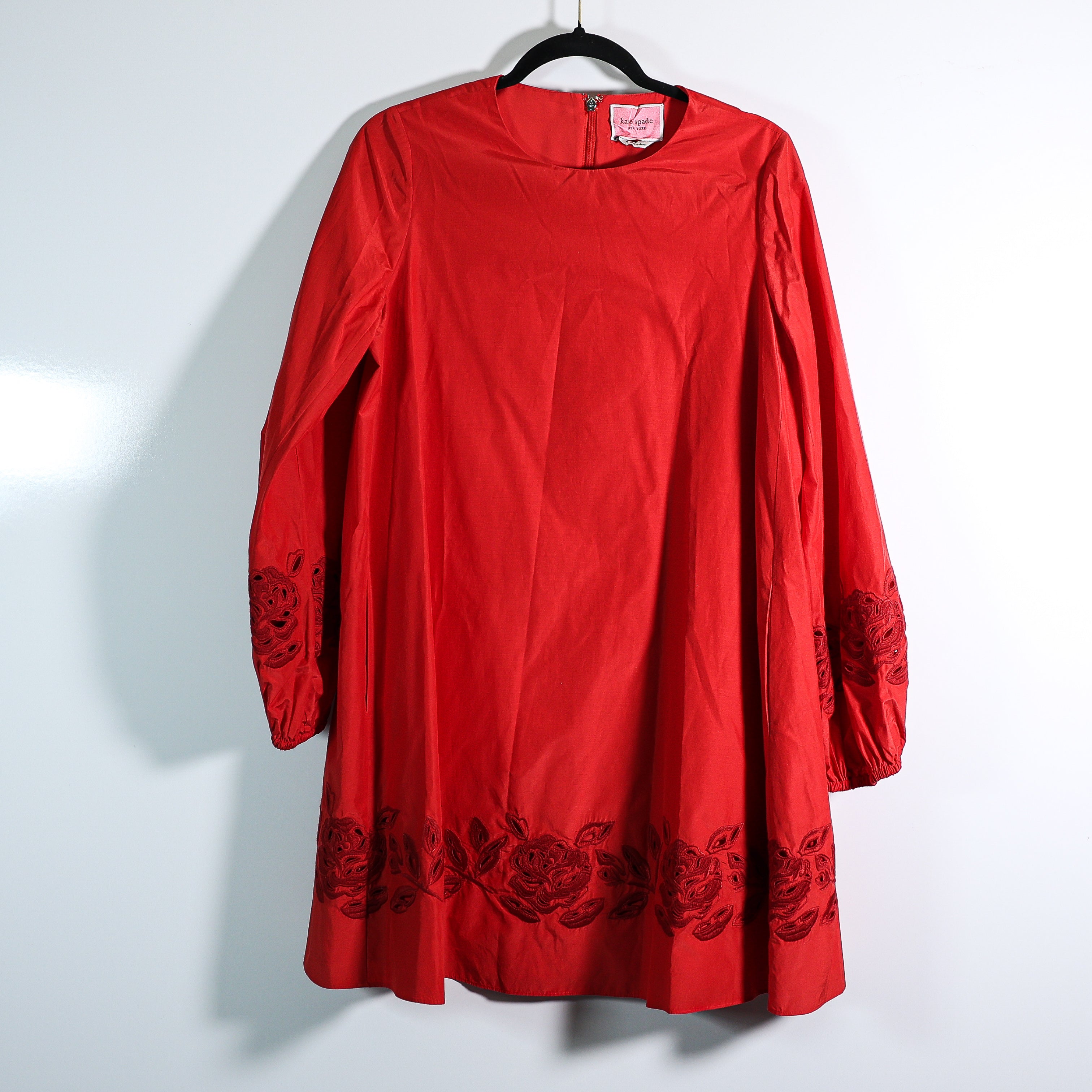 Kate Spade Ella Rose Floral Eyelet Embroidered Silk Cotton Mini Dress Red M