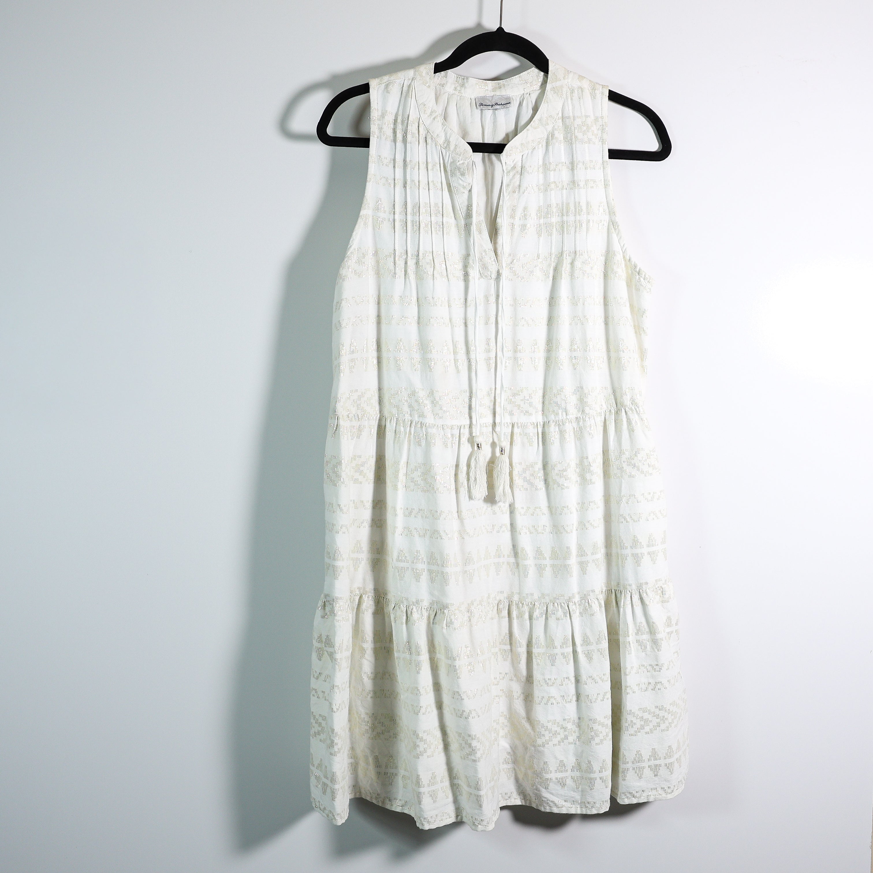 Tommy Bahama Cotton V Neck Sleeveless Tassel Tiered Pullover Mini Gold Dress M