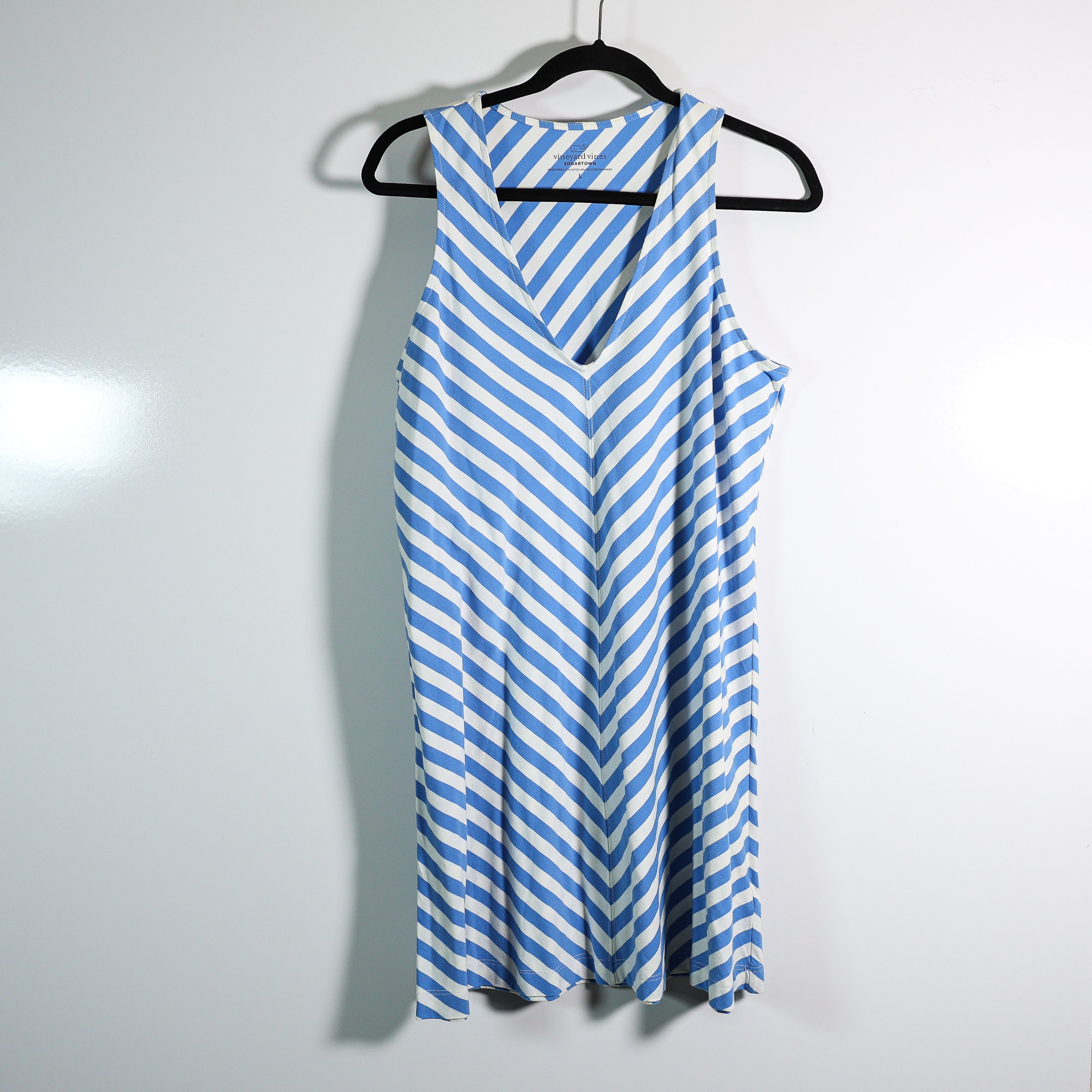 Vineyard Vines Cotton Stretch Sleeveless V Neck Stripe Mini Dress Blue White L