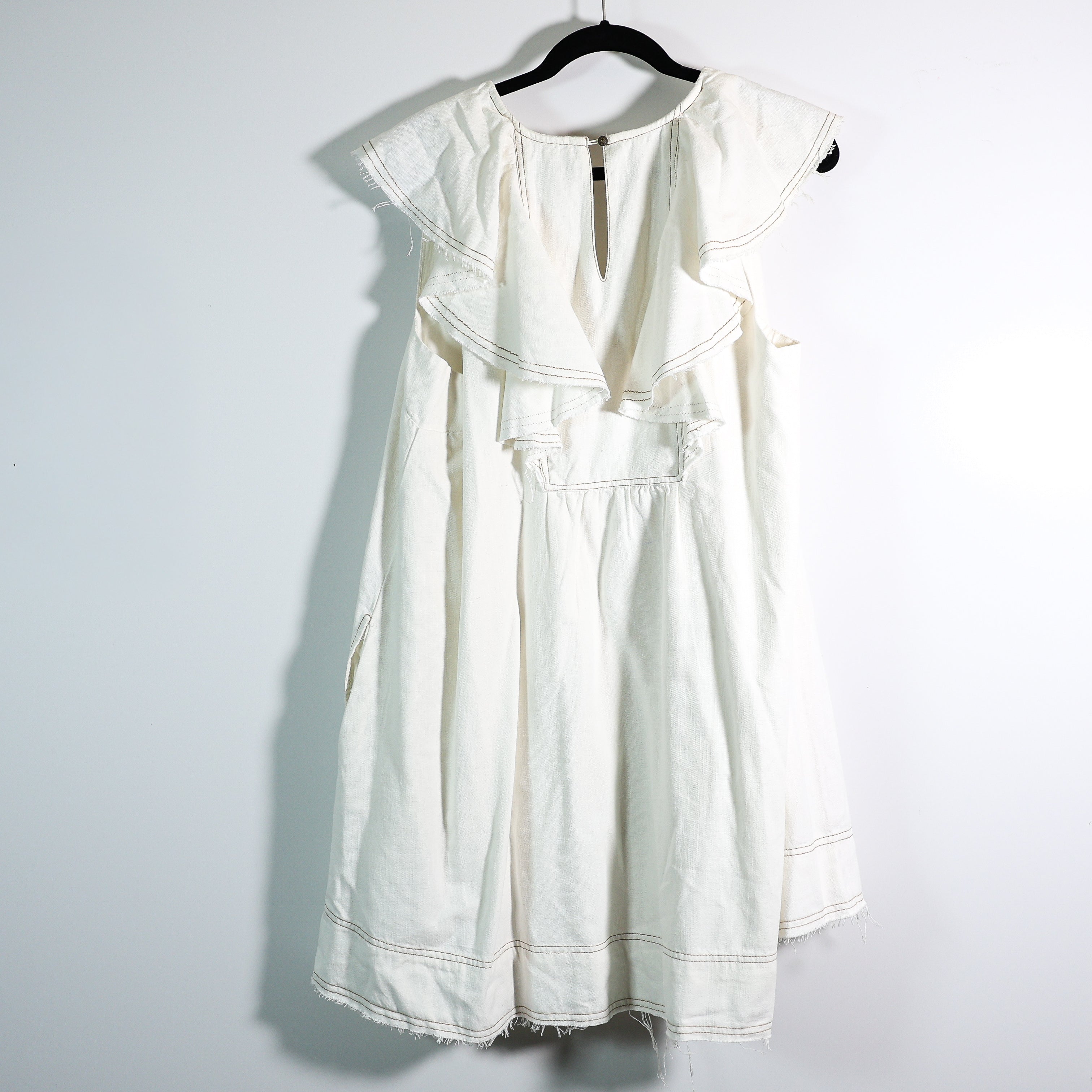 NEW Pilcro Anthropologie Ruffle V-Neck Cotton Linen Frayed Hem Mini Shift Dress