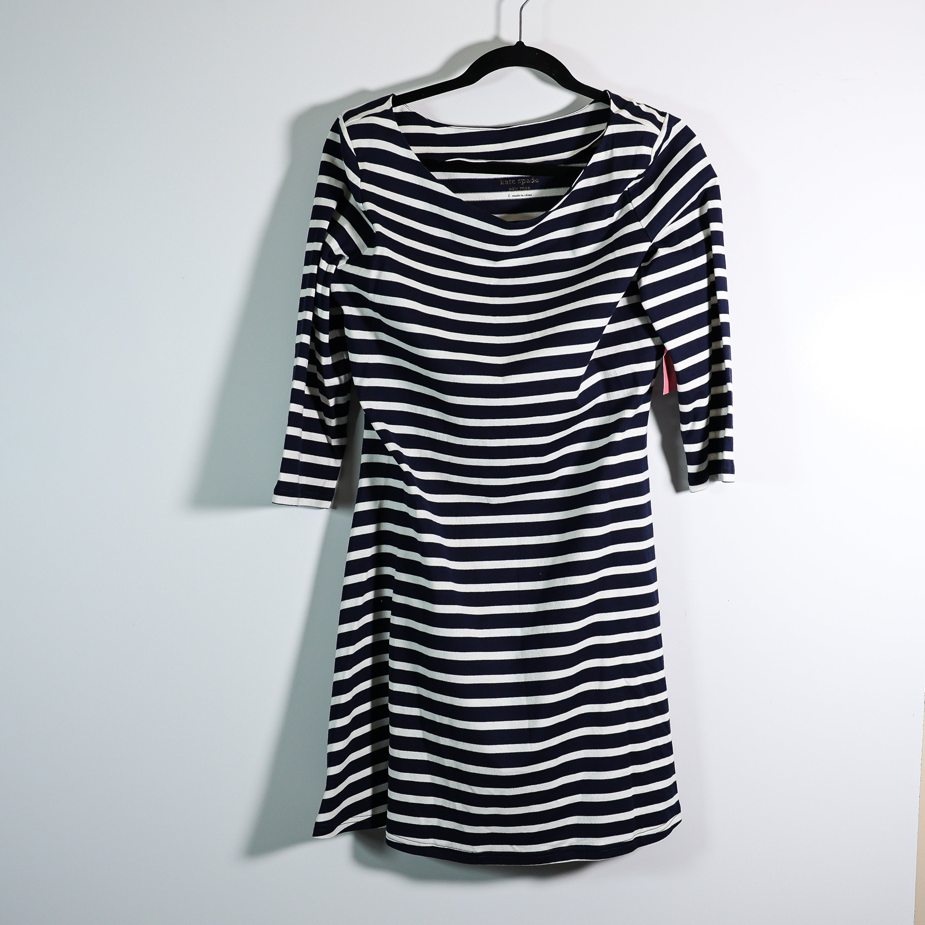 NEW Kate Spade Cotton Stretch Fit And Flare Rich Navy Stripe Casual Dress Large
