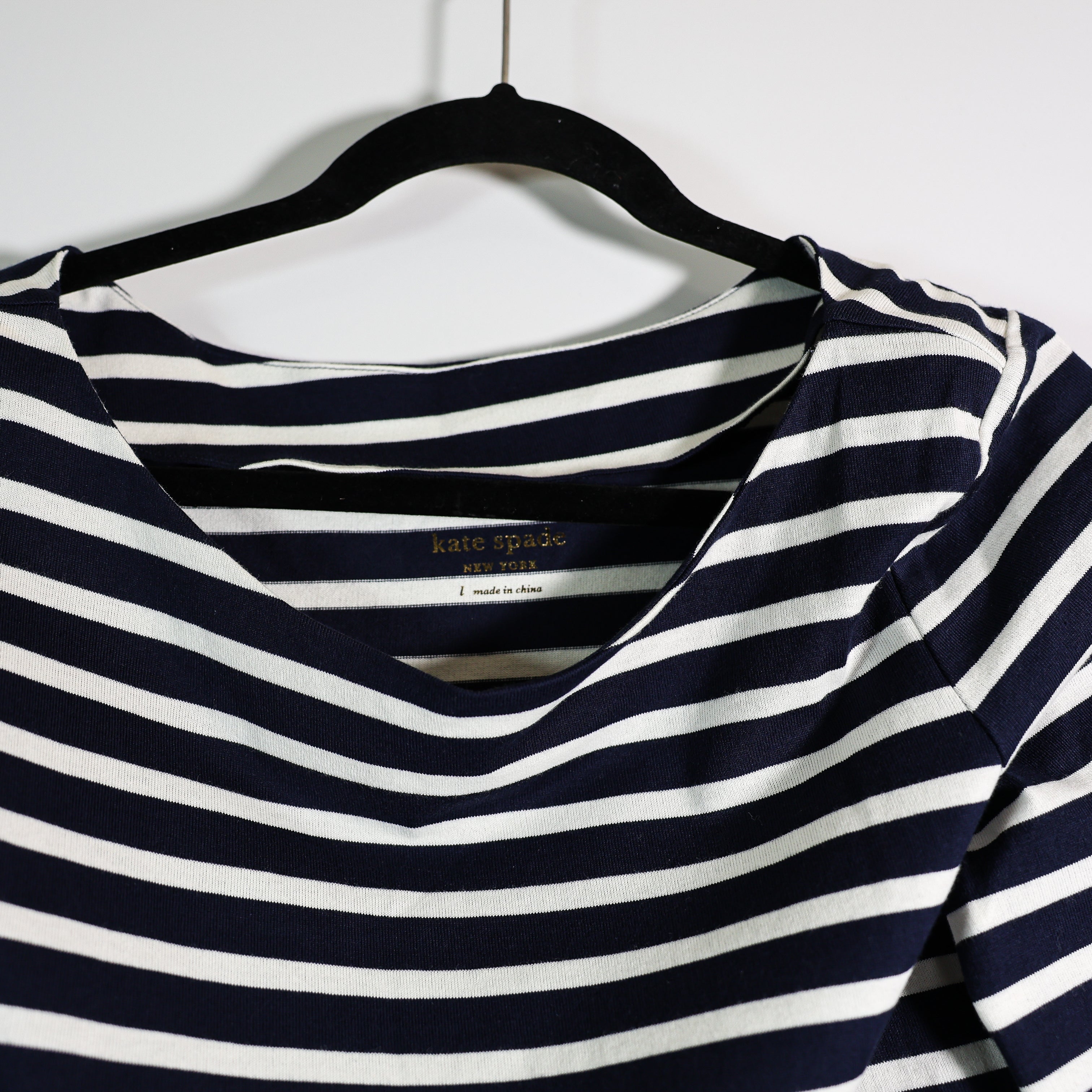 NEW Kate Spade Cotton Stretch Fit And Flare Rich Navy Stripe Casual Dress Large