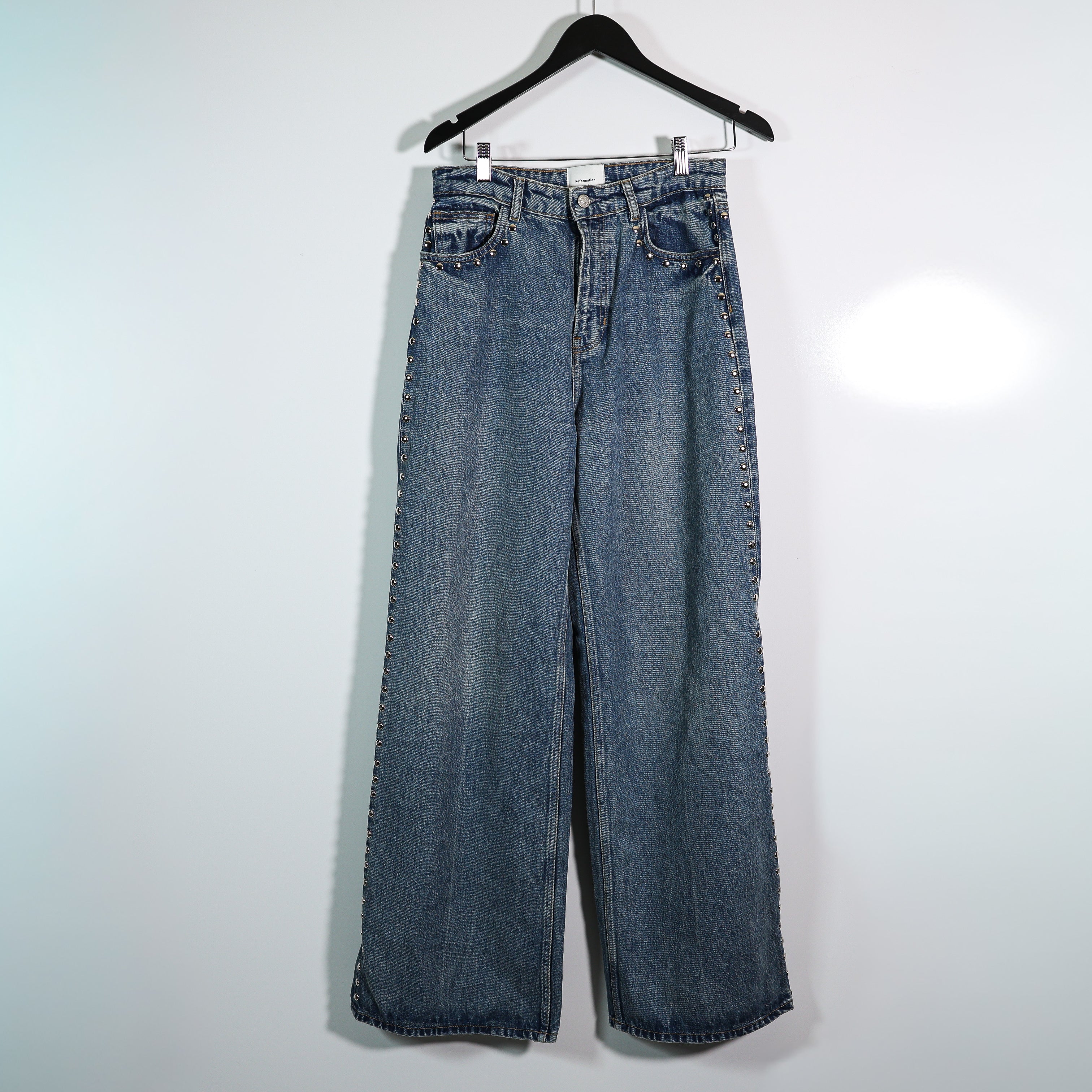 Reformation Cary High Rise Slouchy Wide Leg Denim Jeans Chesapeake Studded 28