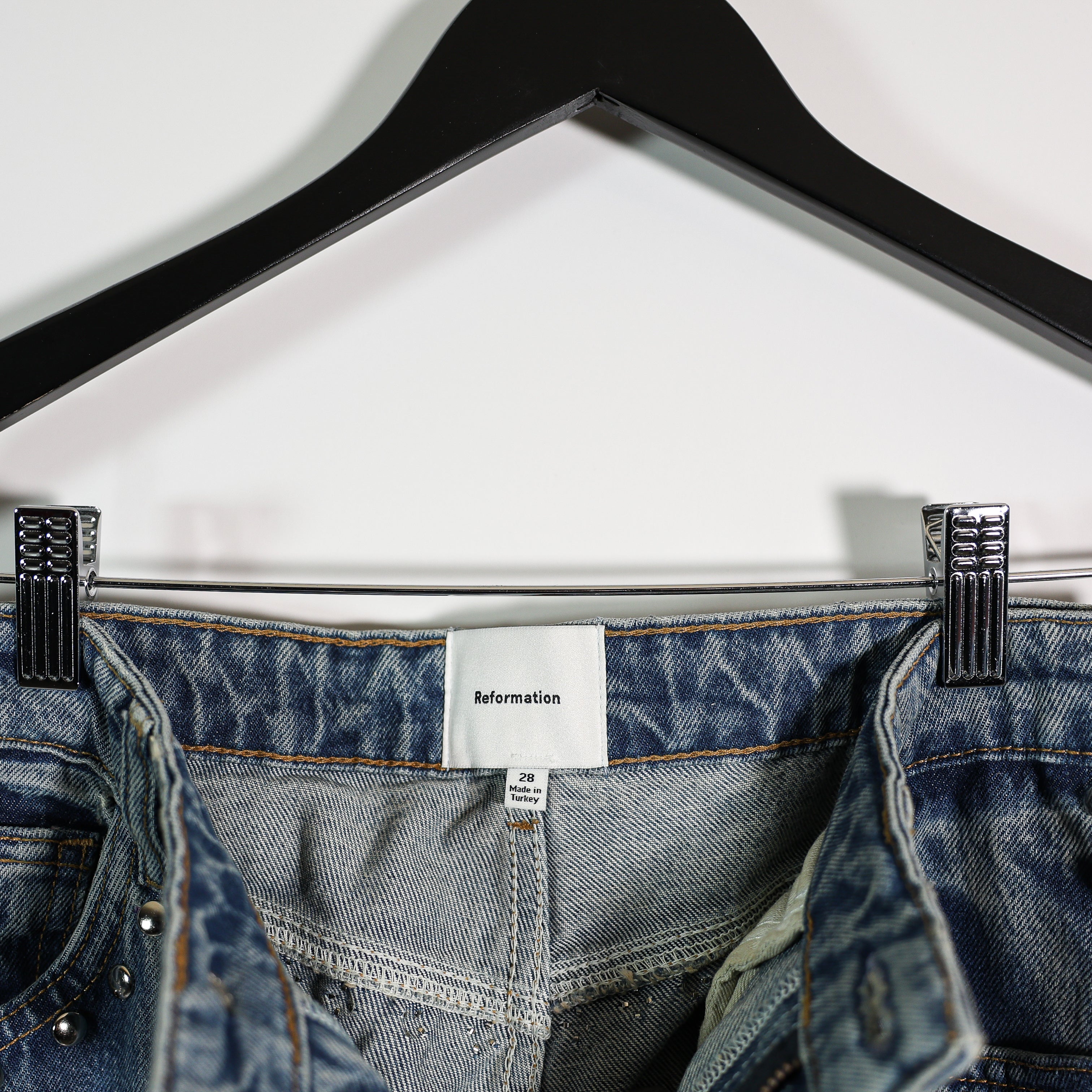 Reformation Cary High Rise Slouchy Wide Leg Denim Jeans Chesapeake Studded 28