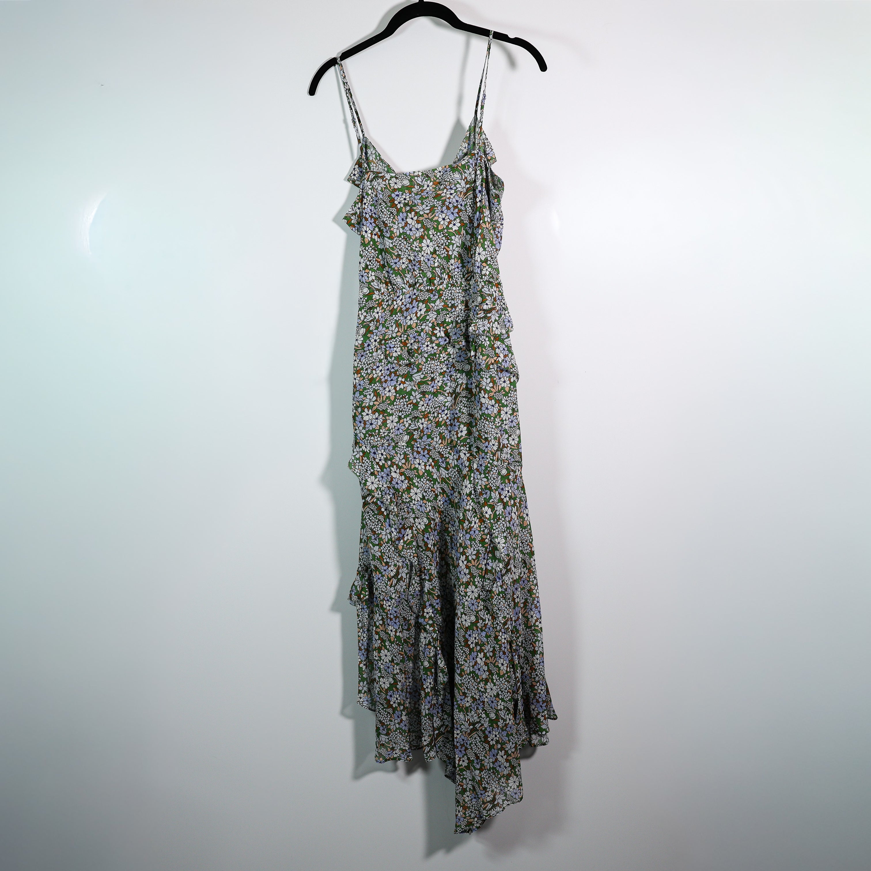 NEW Veronica Beard Avenel Silk Asymmetrical Ruffle Midi Dress Forest Army Multi