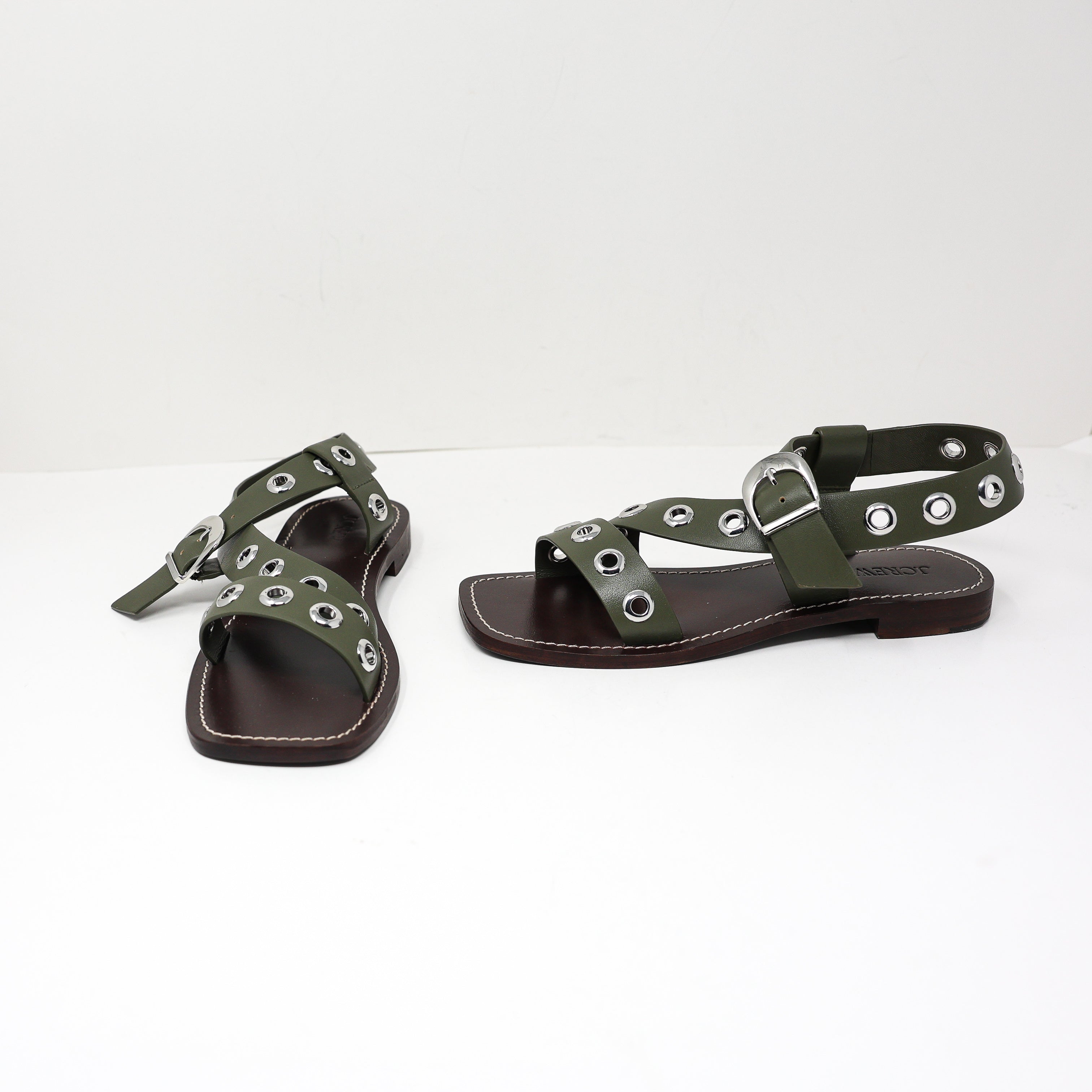 NEW J. Crew Grommet Cross Strap Open Toe Flat Sandals Leather Shoes Olive Green