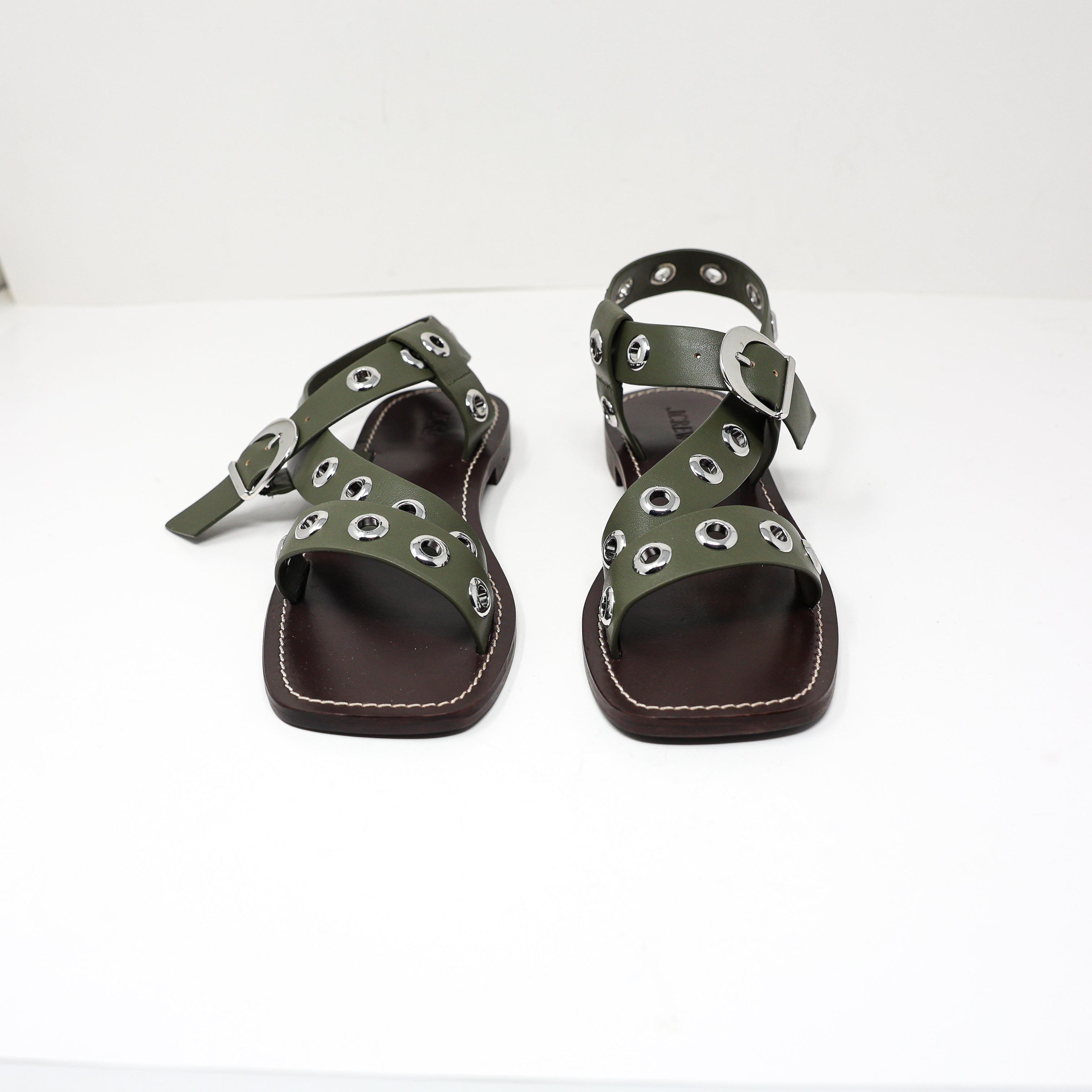 NEW J. Crew Grommet Cross Strap Open Toe Flat Sandals Leather Shoes Olive Green