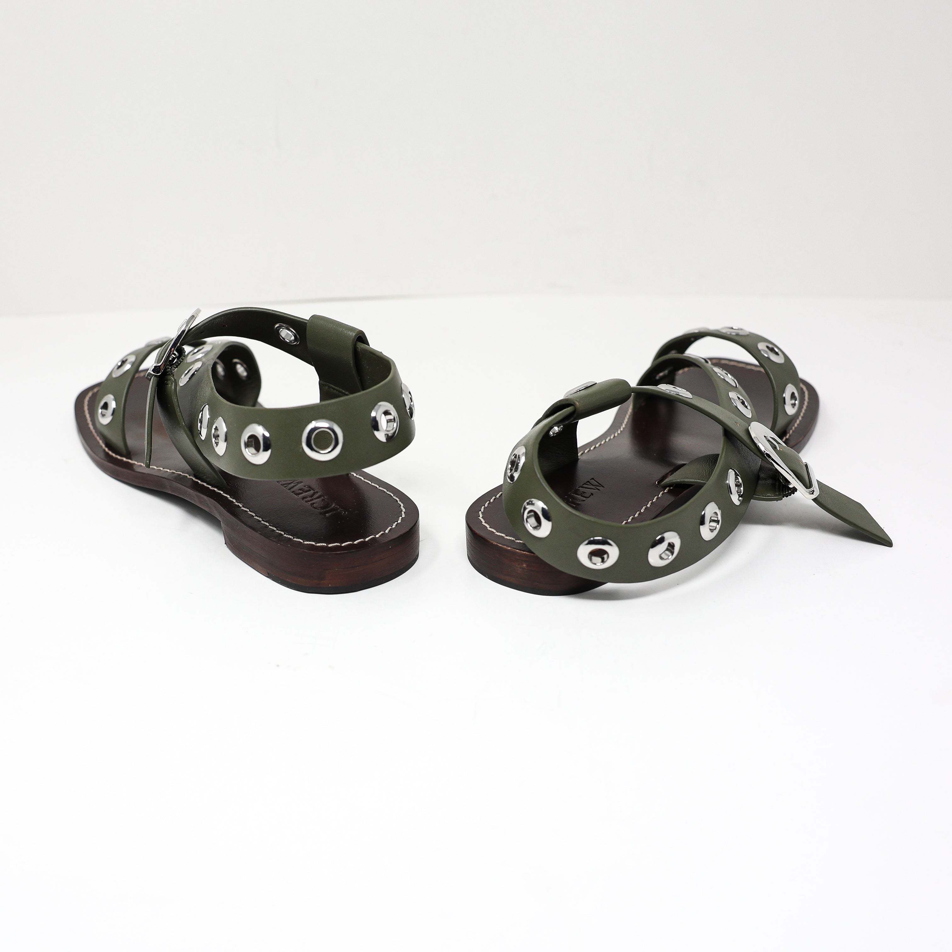 NEW J. Crew Grommet Cross Strap Open Toe Flat Sandals Leather Shoes Olive Green