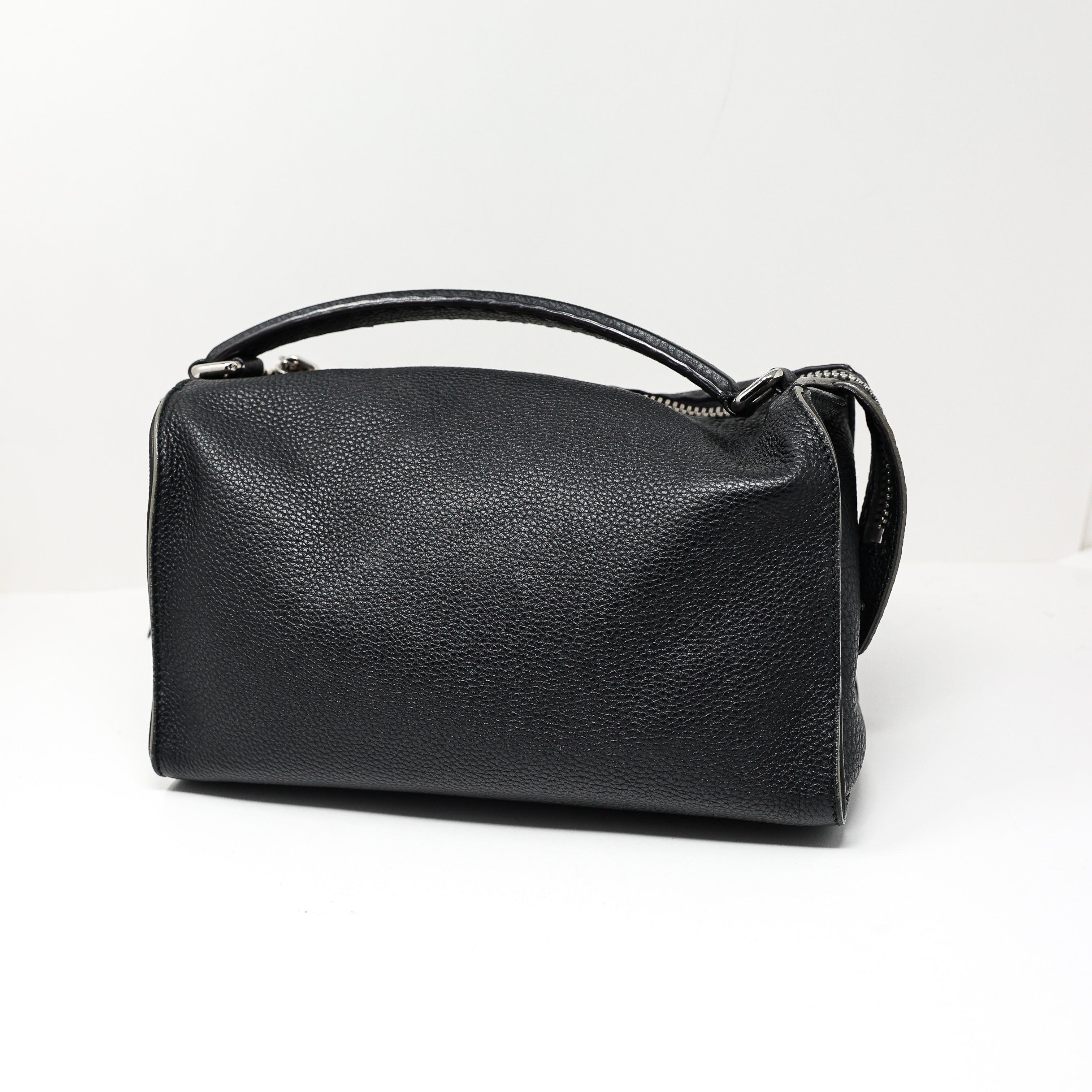 Fendi Lei Selleria Leather Two Way Zip Boston Top Handle Purse Bag Black Silver