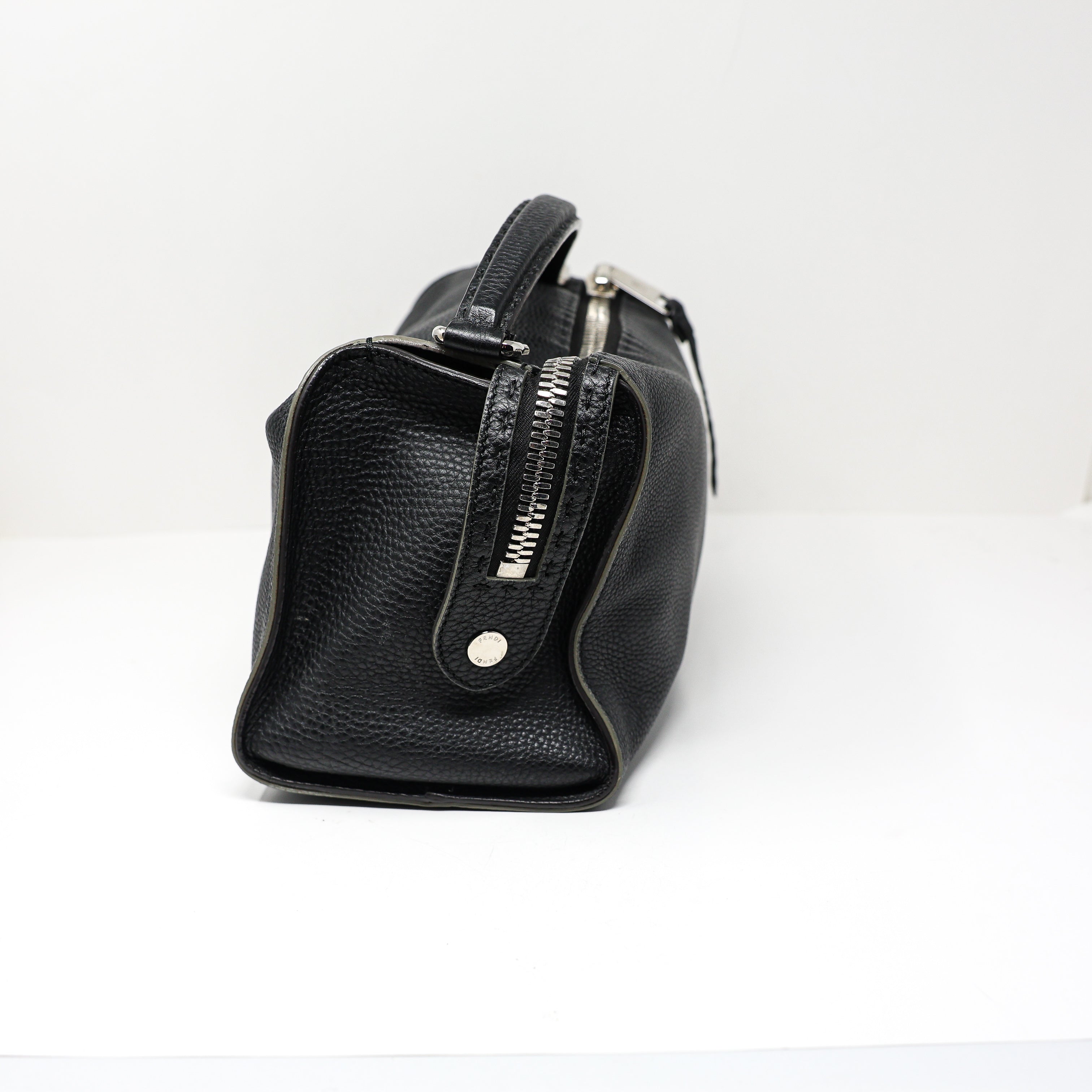 Fendi Lei Selleria Leather Two Way Zip Boston Top Handle Purse Bag Black Silver