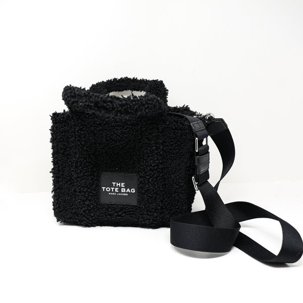 Marc Jacobs The Teddy Shearling Furry Convertible Crossbody Tote Purse Bag Black