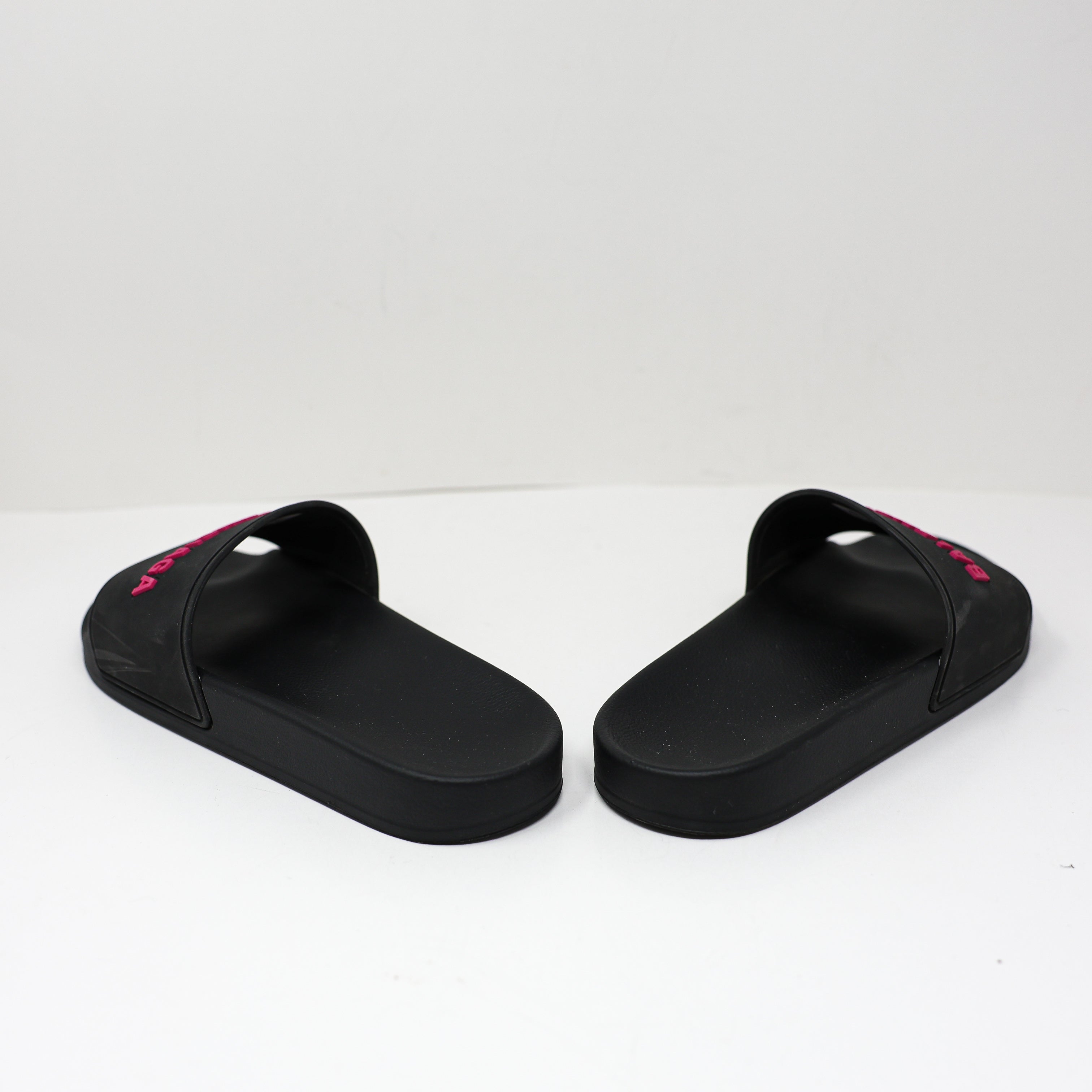 Balenciaga Women's Rubber Logo Open Toe Slip On Slides Pool Sandals Shoes Black