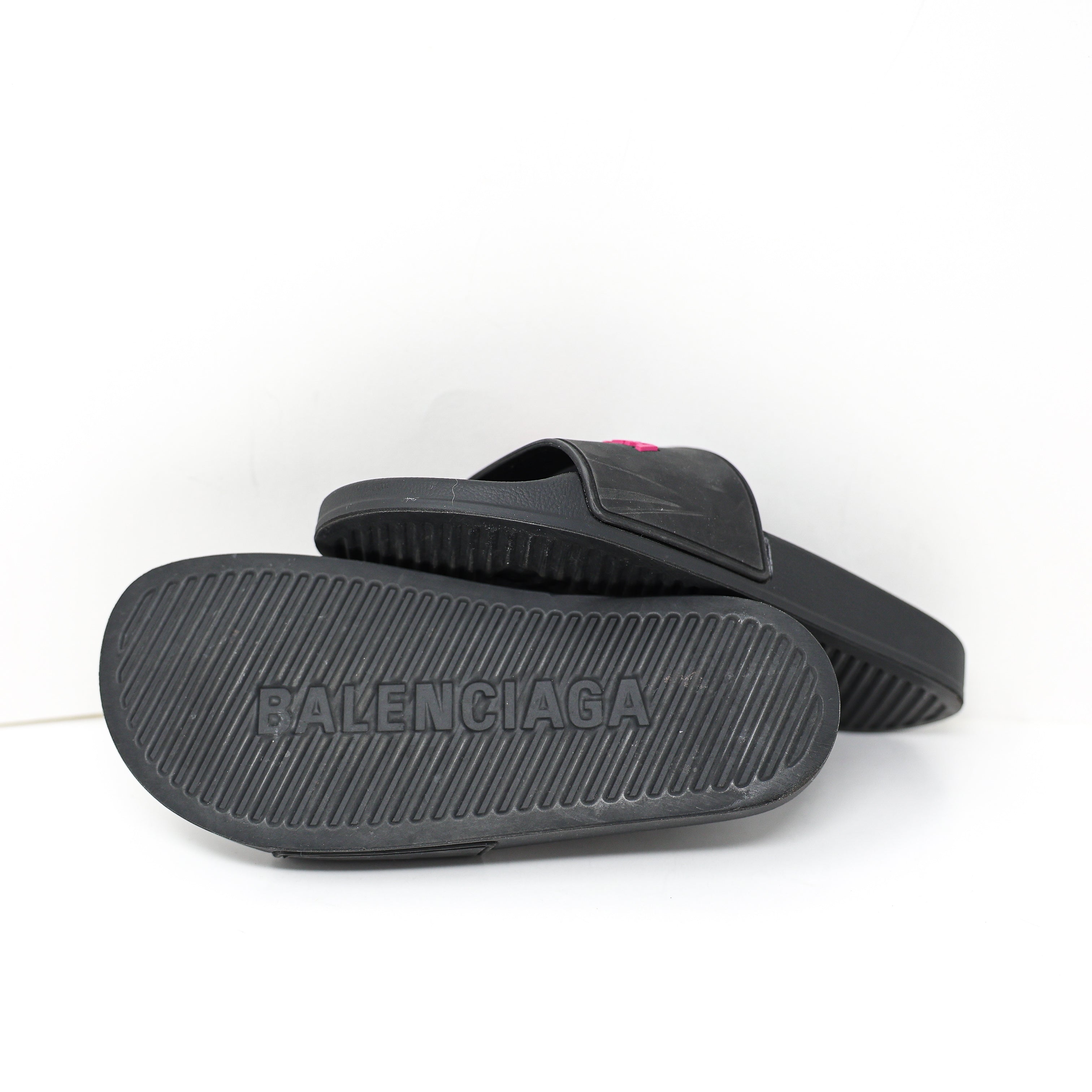 Balenciaga Women's Rubber Logo Open Toe Slip On Slides Pool Sandals Shoes Black