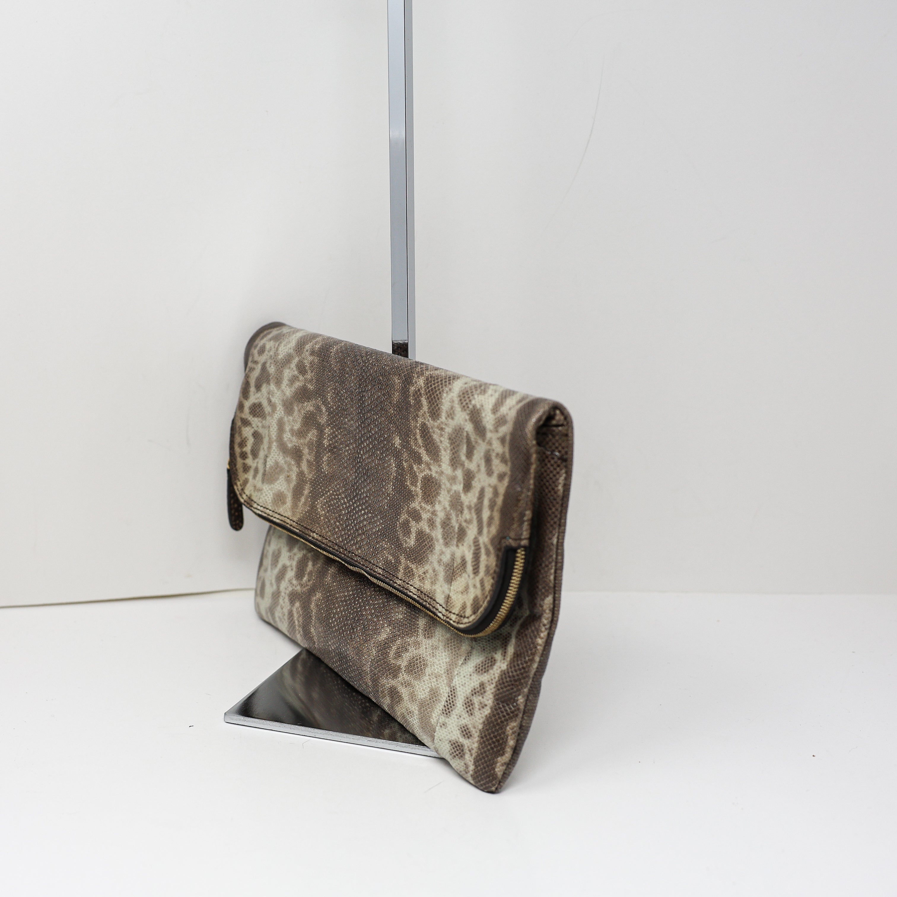 Zagliani Made In Italy Genuine Leather Foldover Clutch Purse Bag Neutral Snake