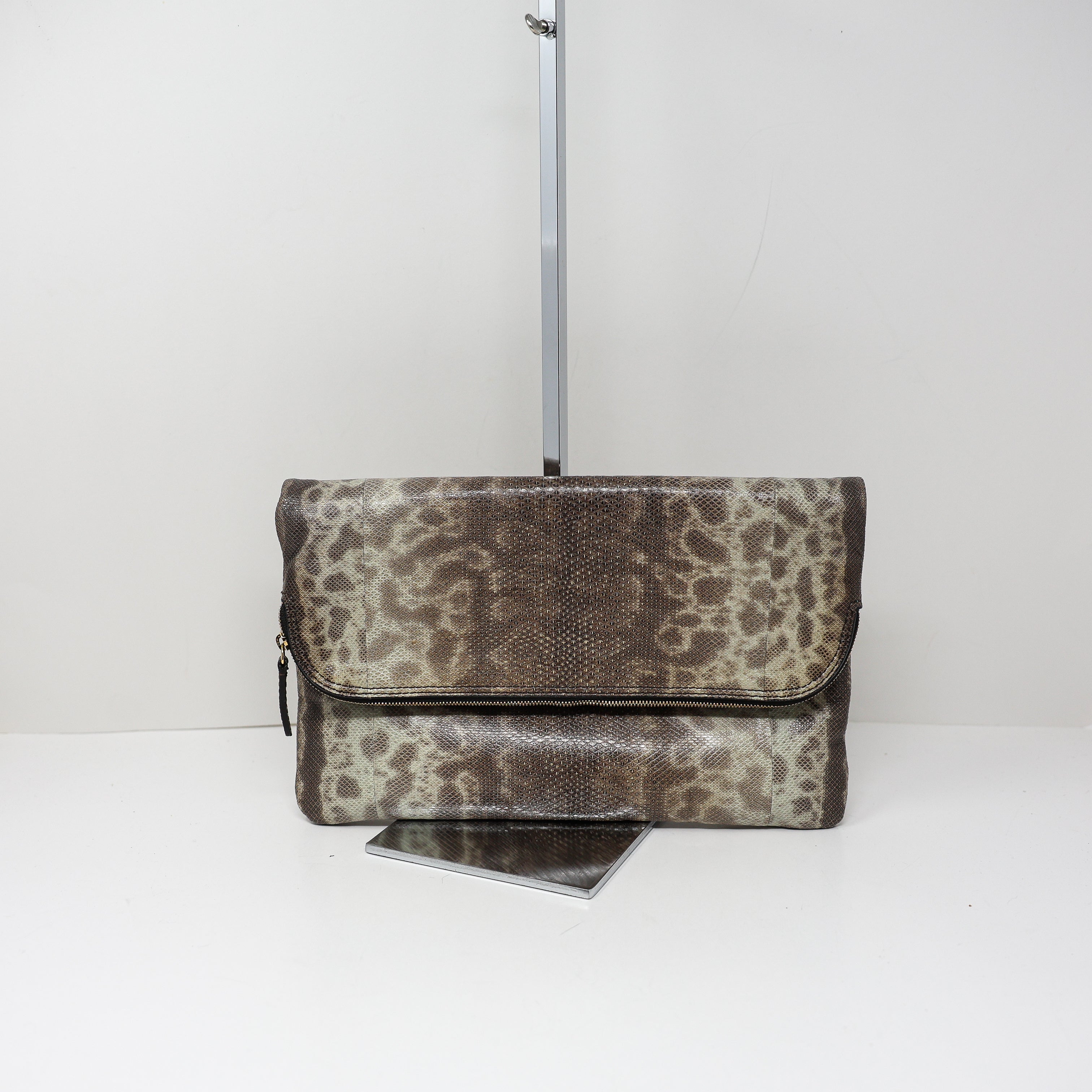 Zagliani Made In Italy Genuine Leather Foldover Clutch Purse Bag Neutral Snake