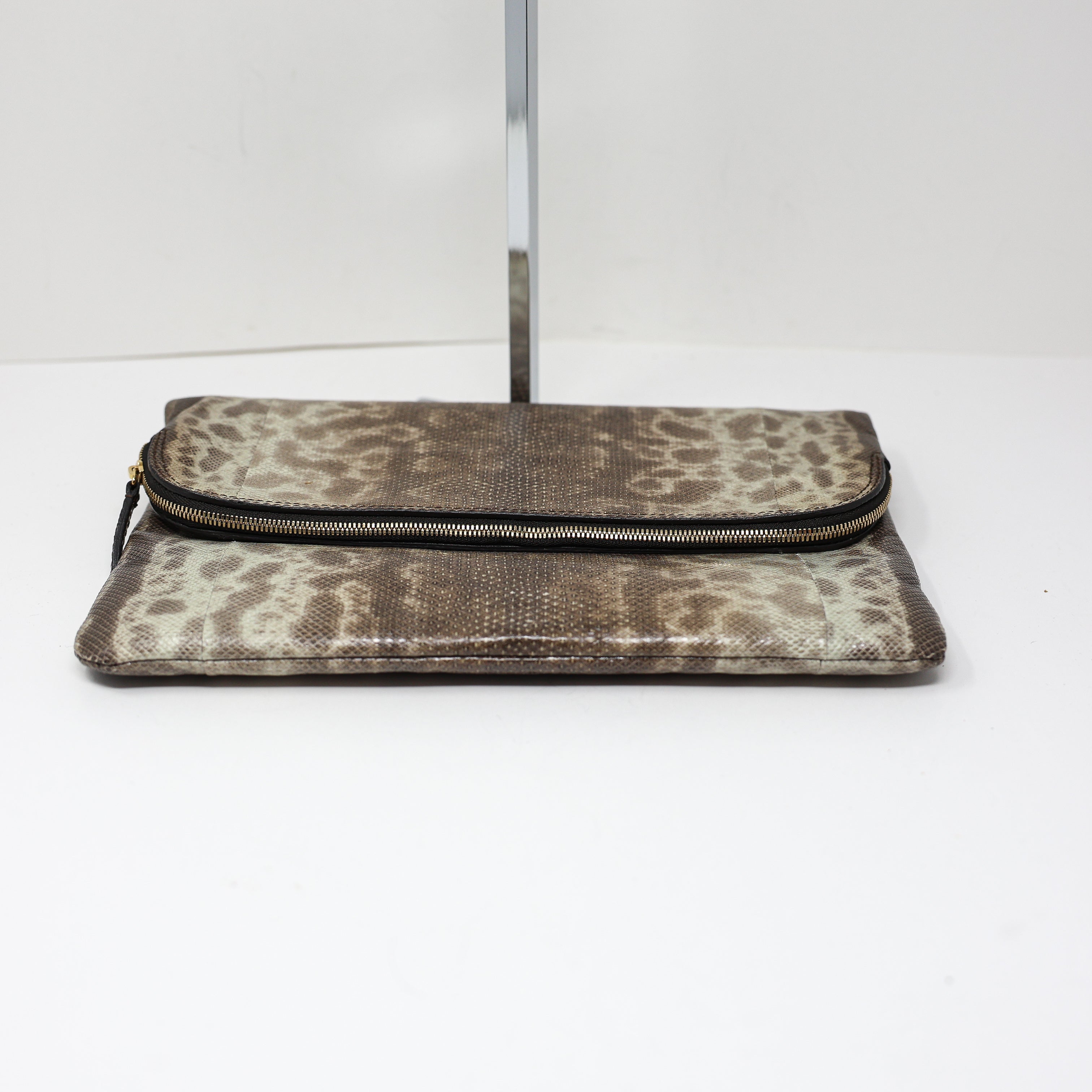 Zagliani Made In Italy Genuine Leather Foldover Clutch Purse Bag Neutral Snake