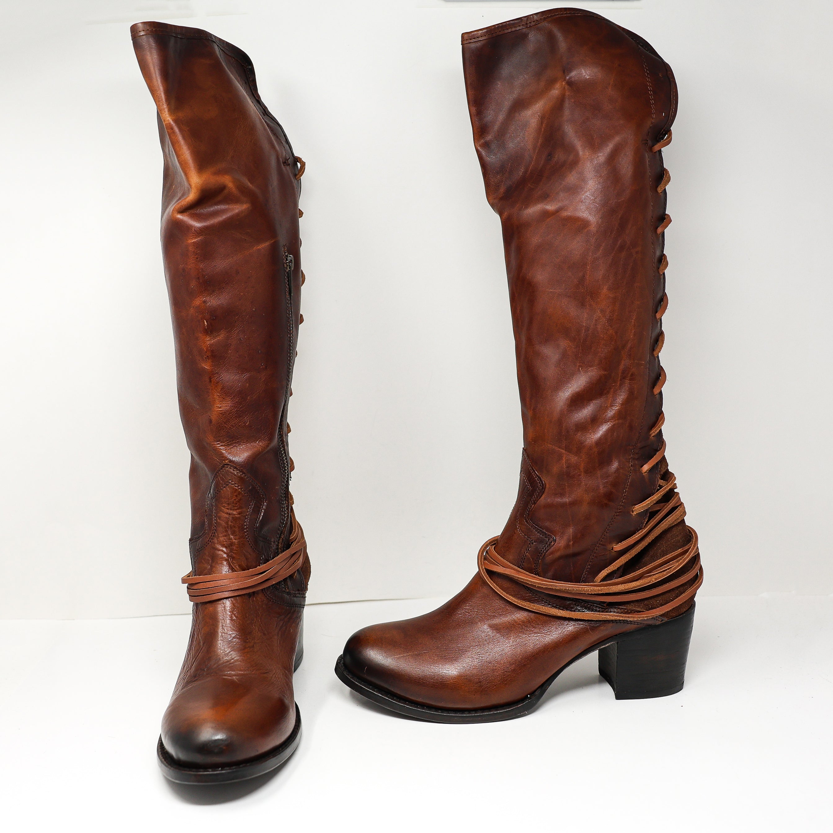NEW Freebird Coal Leather Block Heel Lace Up Over The Knee Boots Shoes Cognac 12