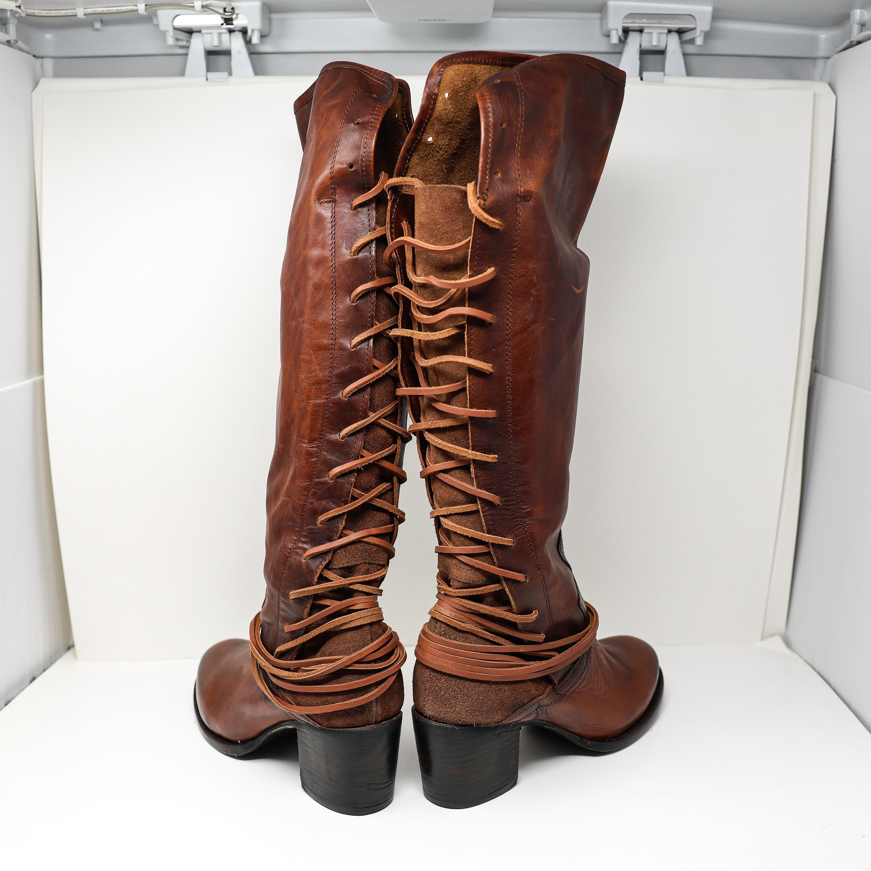 NEW Freebird Coal Leather Block Heel Lace Up Over The Knee Boots Shoes Cognac 12