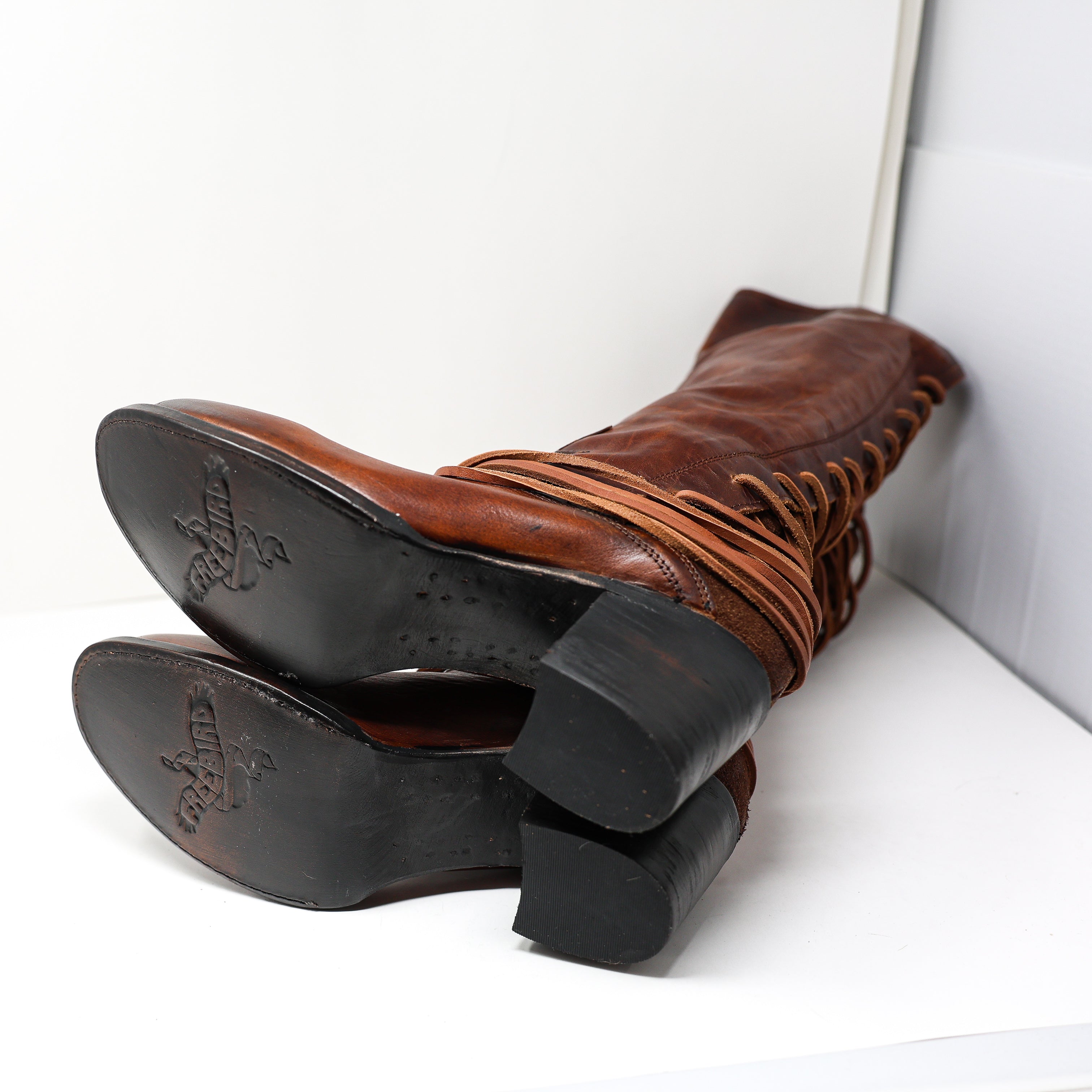 NEW Freebird Coal Leather Block Heel Lace Up Over The Knee Boots Shoes Cognac 12