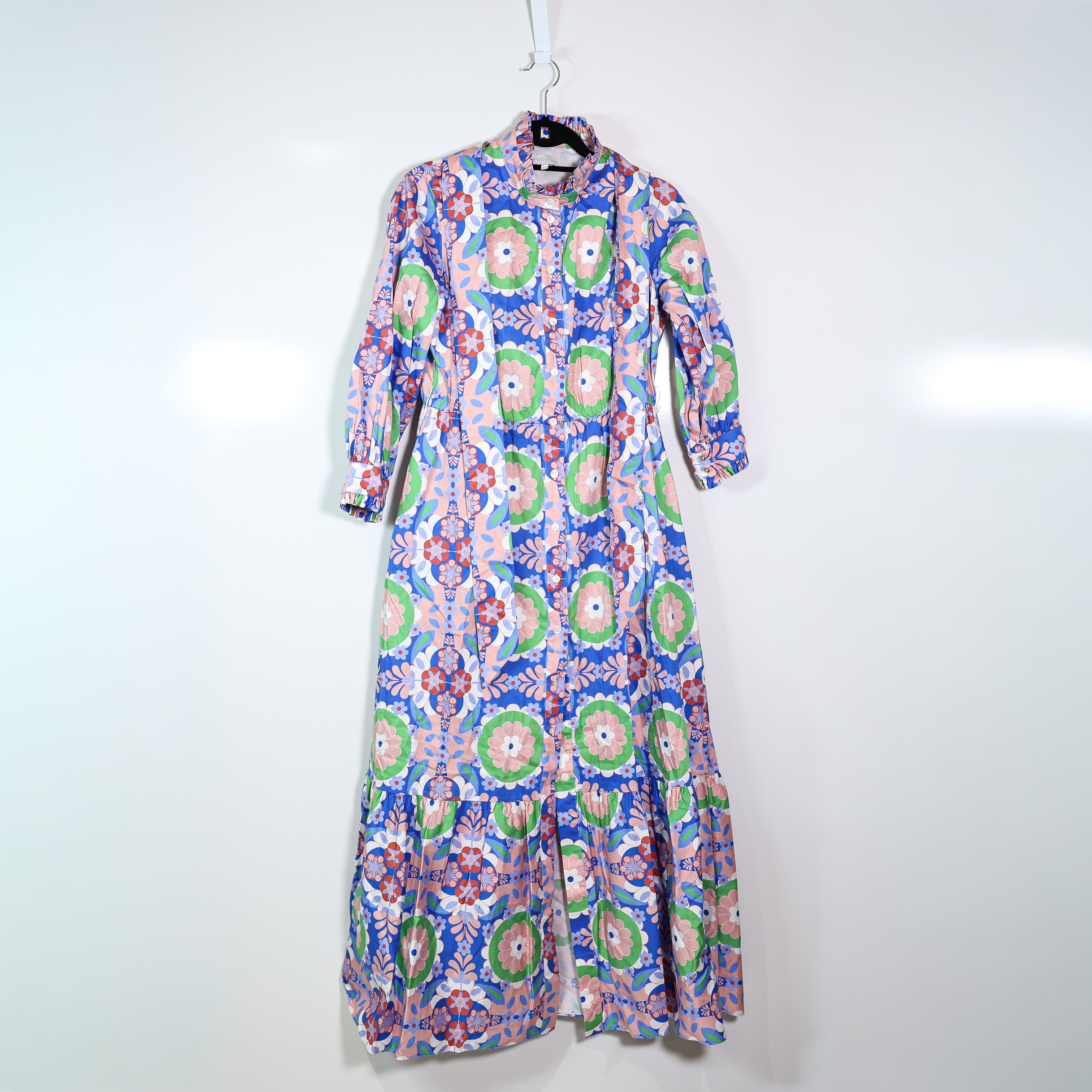 Borgo De Nor Cotton Poplin Geometric Print Pattern Belted Tiered Maxi Dress 12