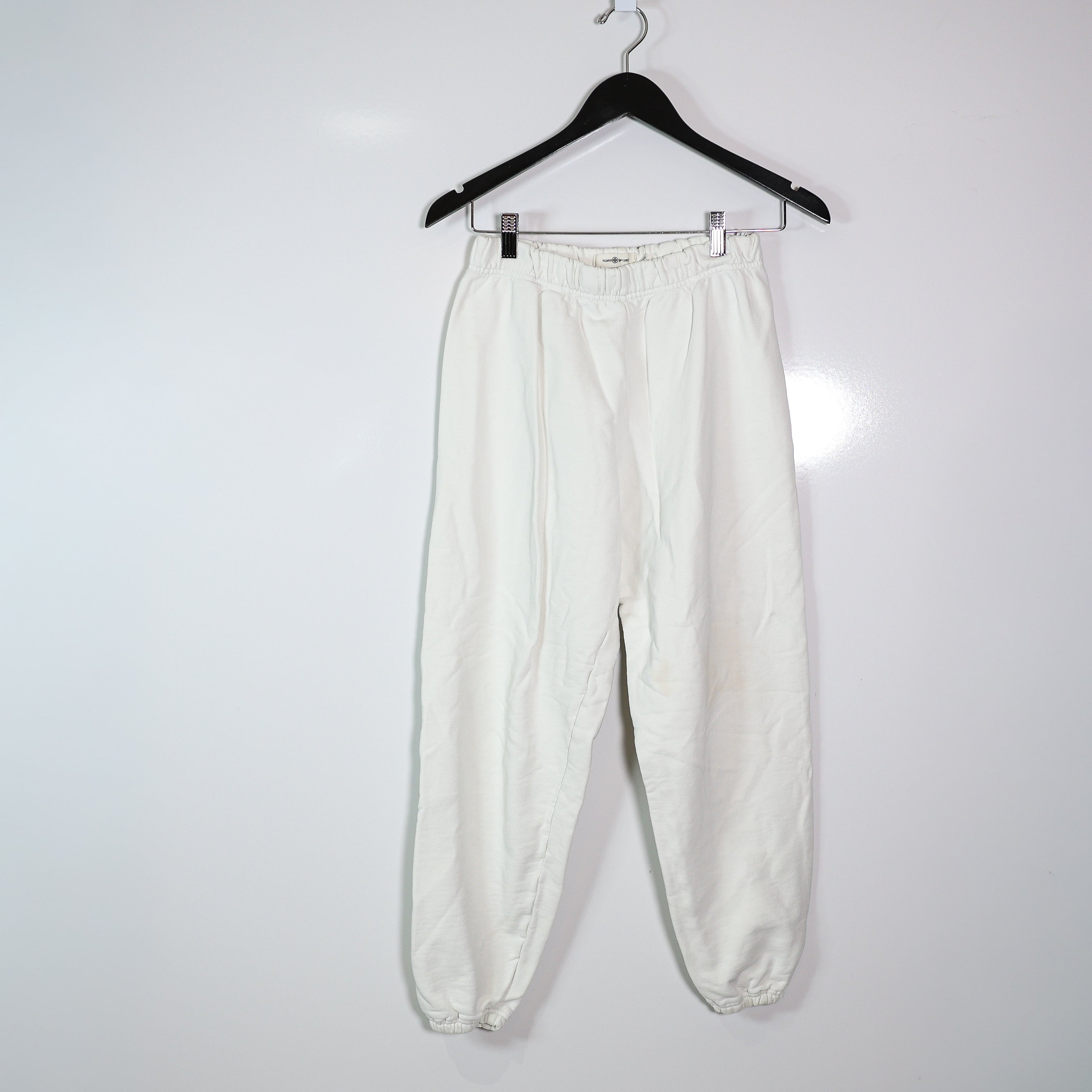 Tory Burch Sport Cotton Terry Lined Mid Rise Ankle Crop Sweat Pants Solid White