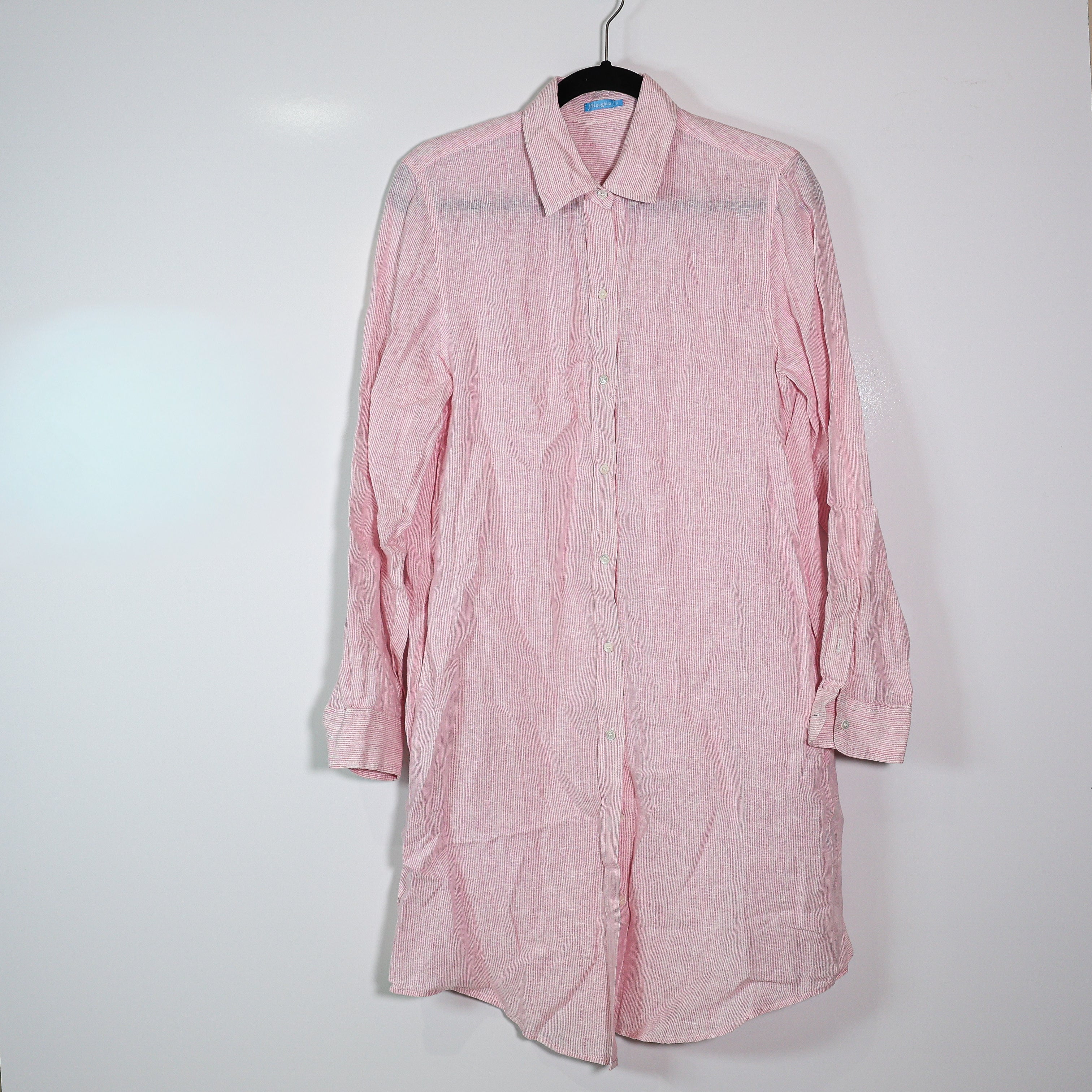 J. McLaughlin Linen Lightweight Collared Button Front Shirt Dress Pink White M