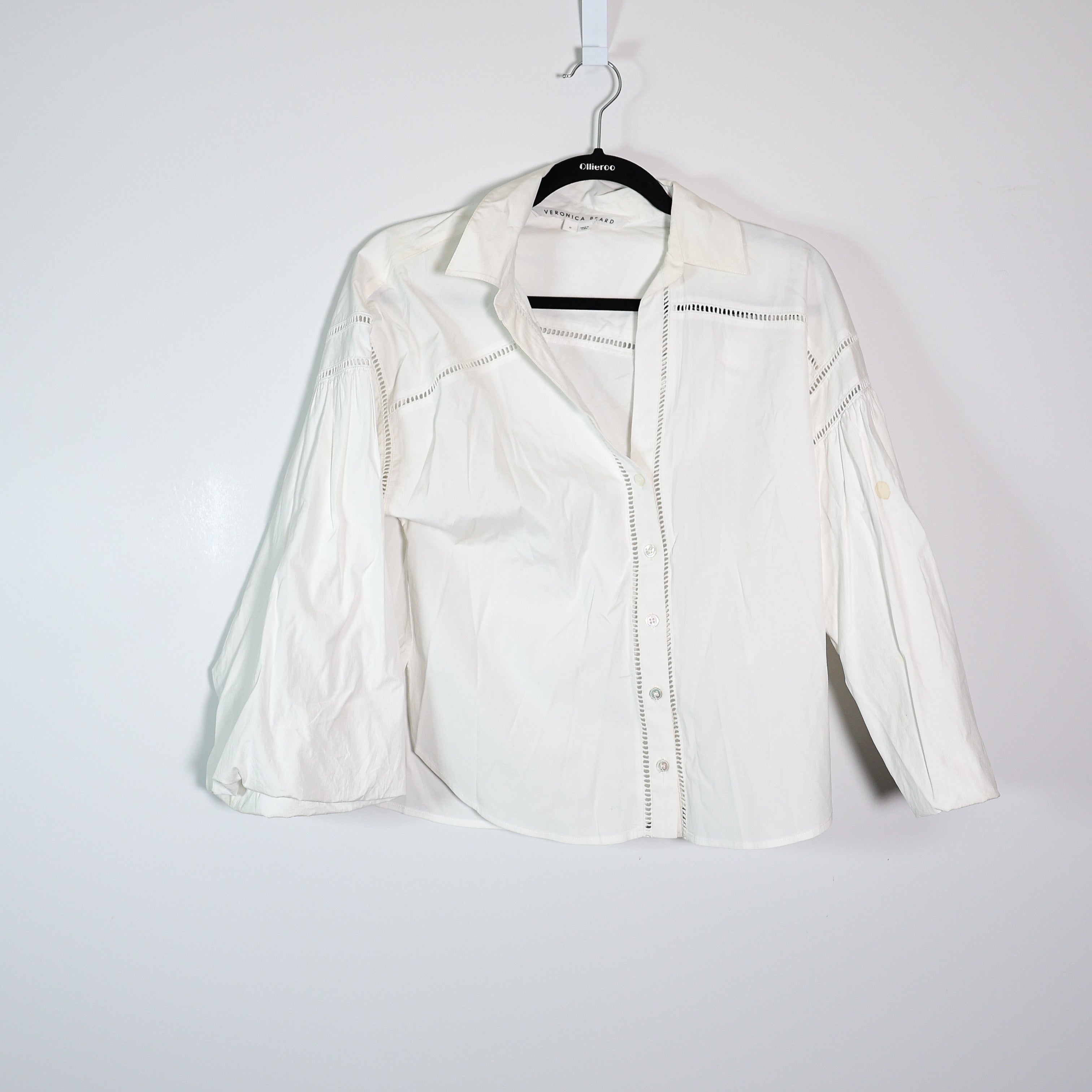 Veronica Beard Glenda Cotton Poplin Lattice Trim Collared Button Front Blouse 8