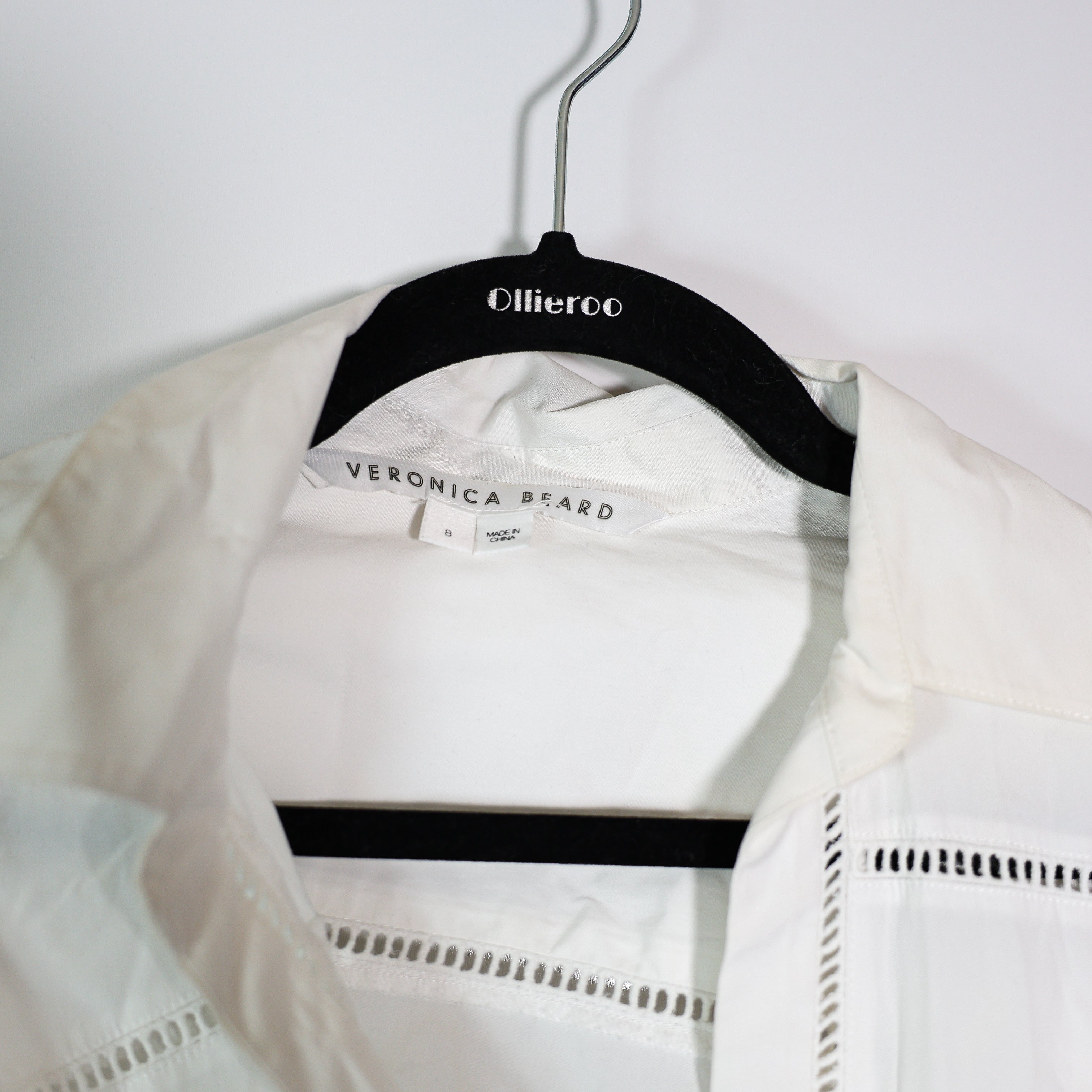 Veronica Beard Glenda Cotton Poplin Lattice Trim Collared Button Front Blouse 8