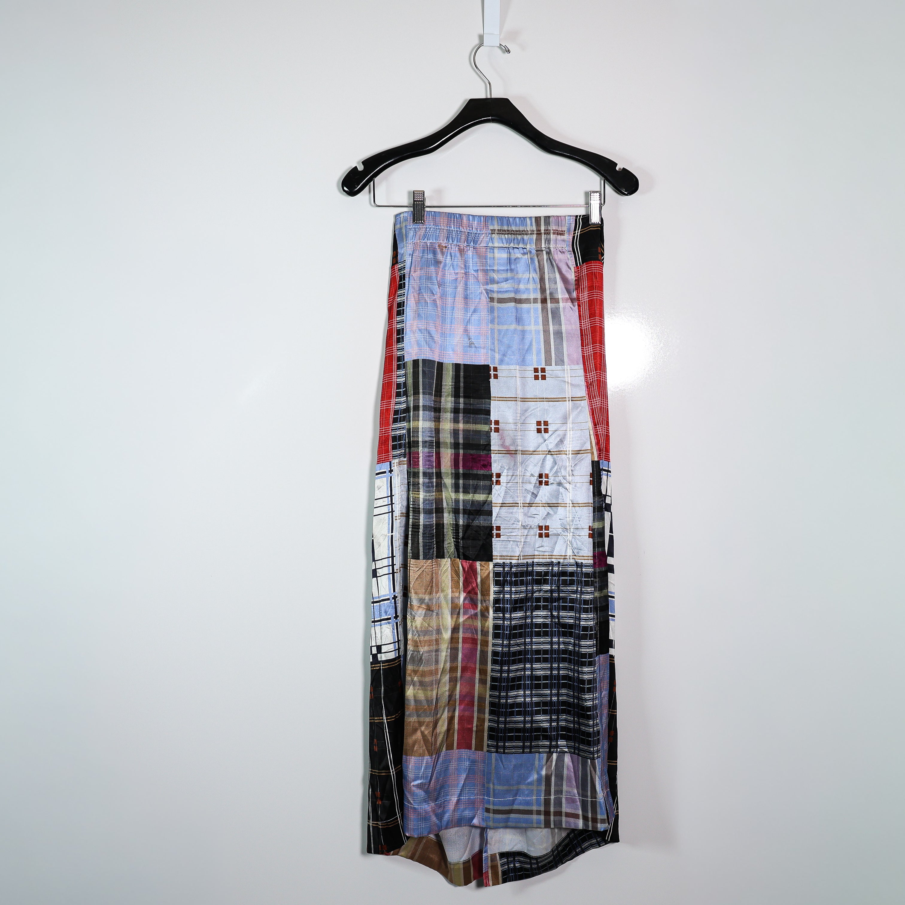 Ganni Tie Front Checked Stretch Silk Satin Midi Wrap Patchwork Print Skirt 40