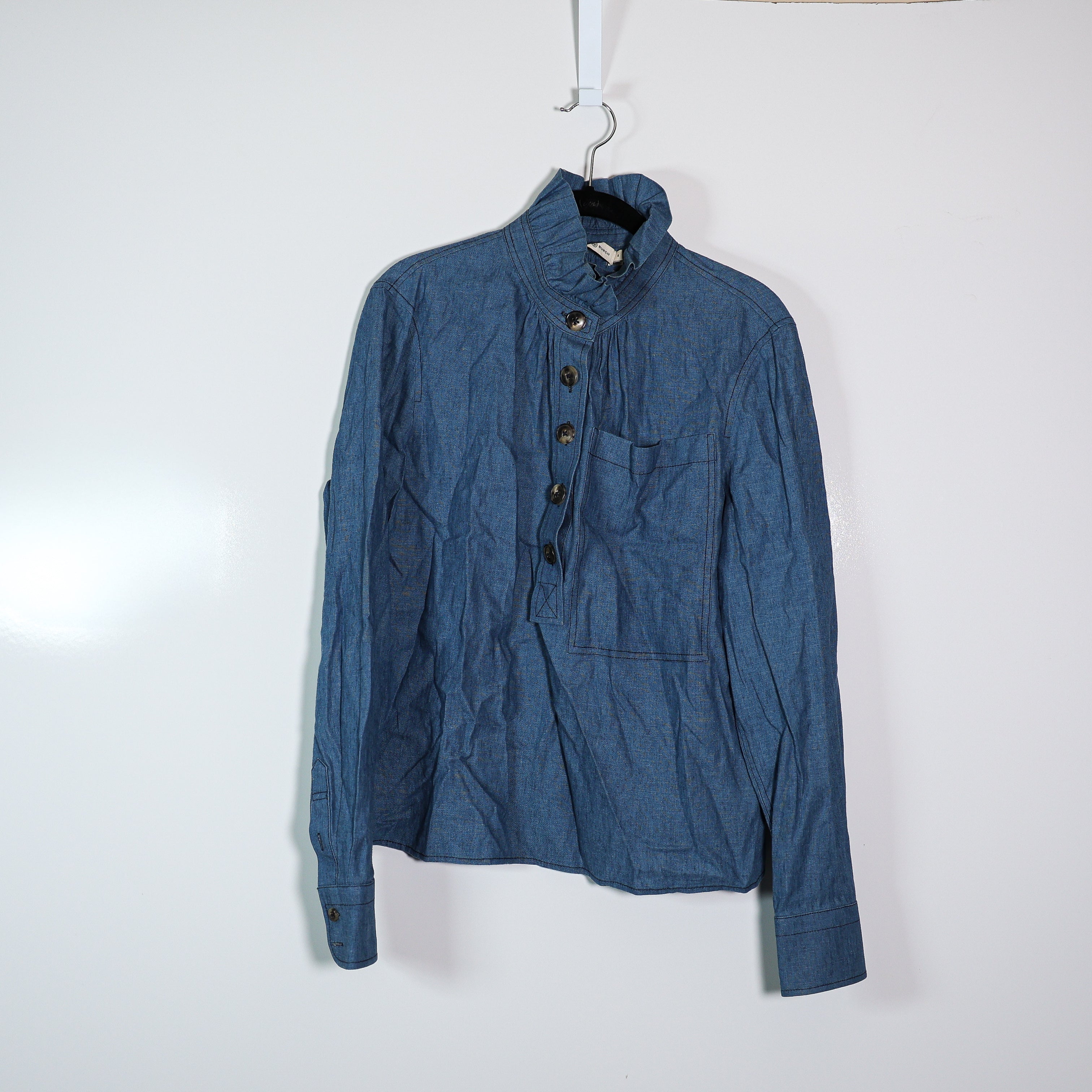 Tory Burch Cotton Linen Quarter Button Ruffle Collar Long Sleeve Chambray Blouse
