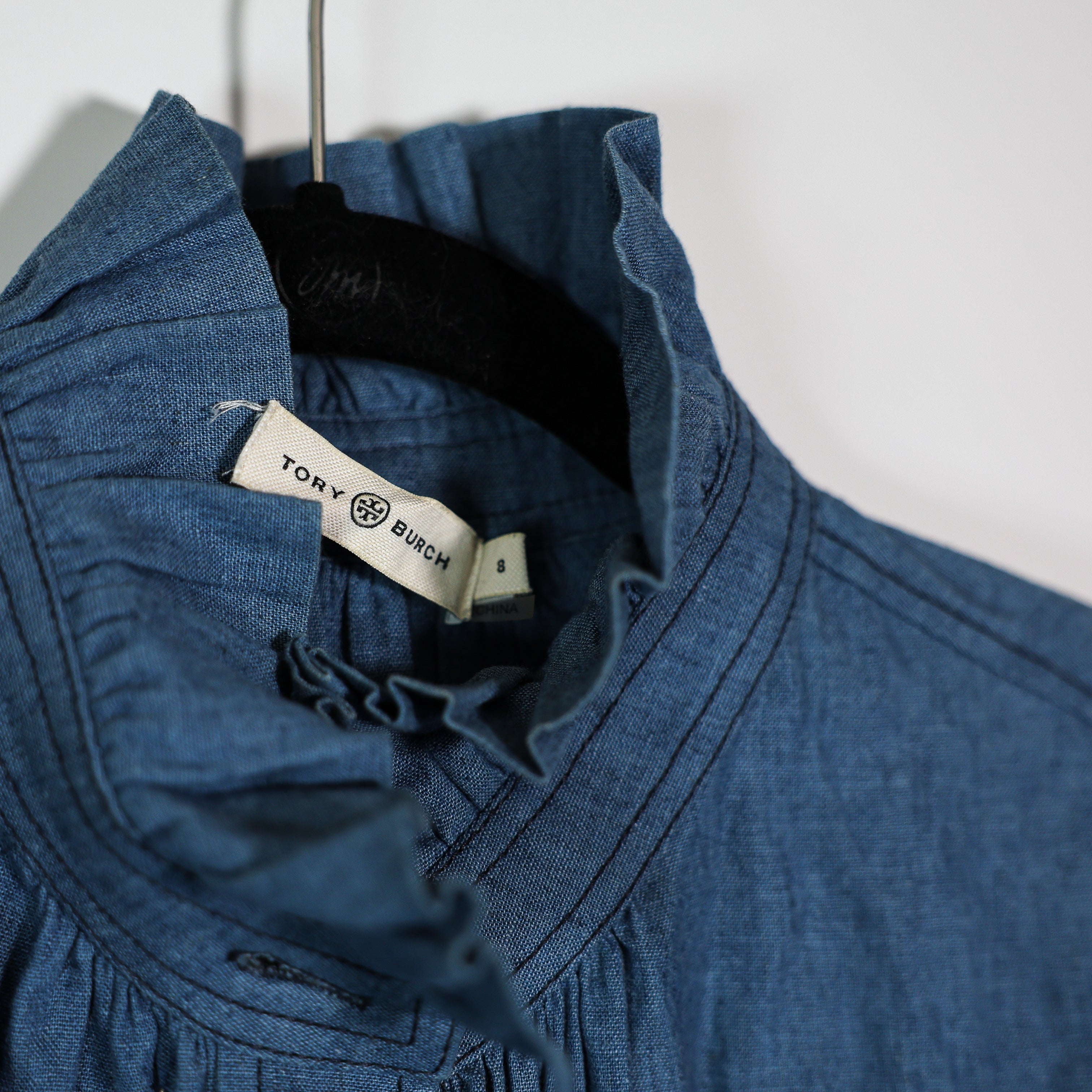 Tory Burch Cotton Linen Quarter Button Ruffle Collar Long Sleeve Chambray Blouse