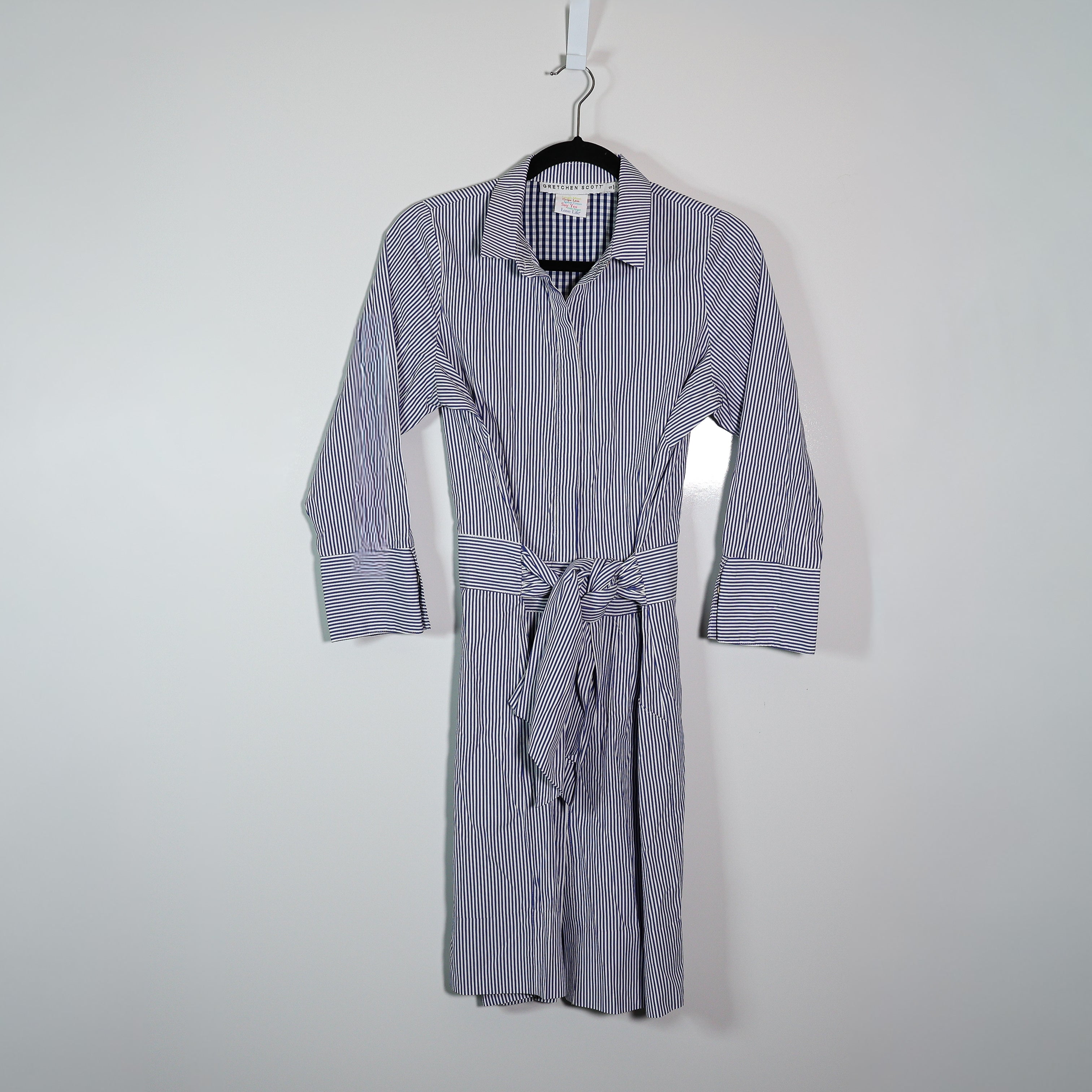 Gretchen Scott Cotton Blend Poplin Collared Button Front Belted Shirt Dress Blue