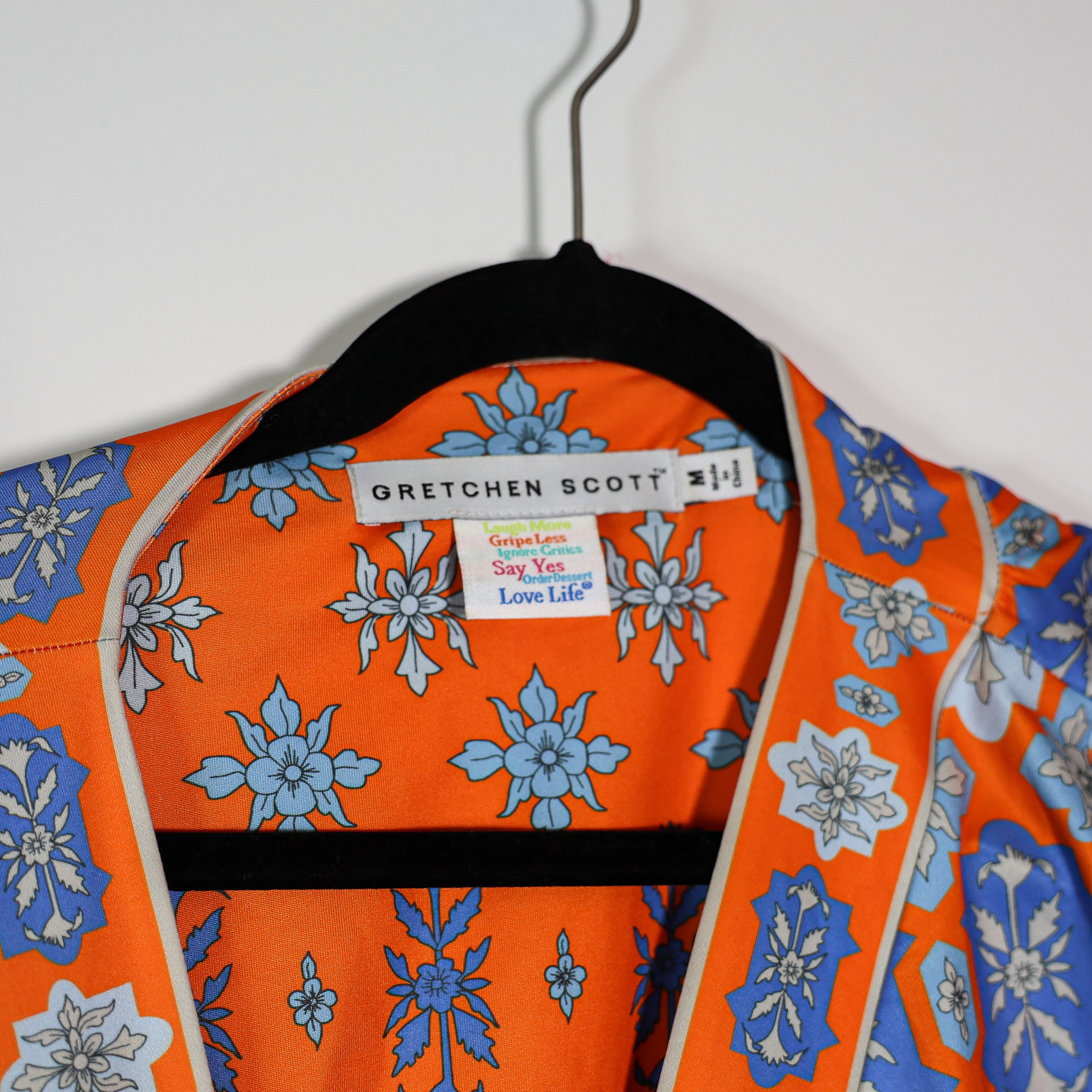 Gretchen Scott Floral Flower Geometric Print Pattern Orange Blue Wrap Dress M