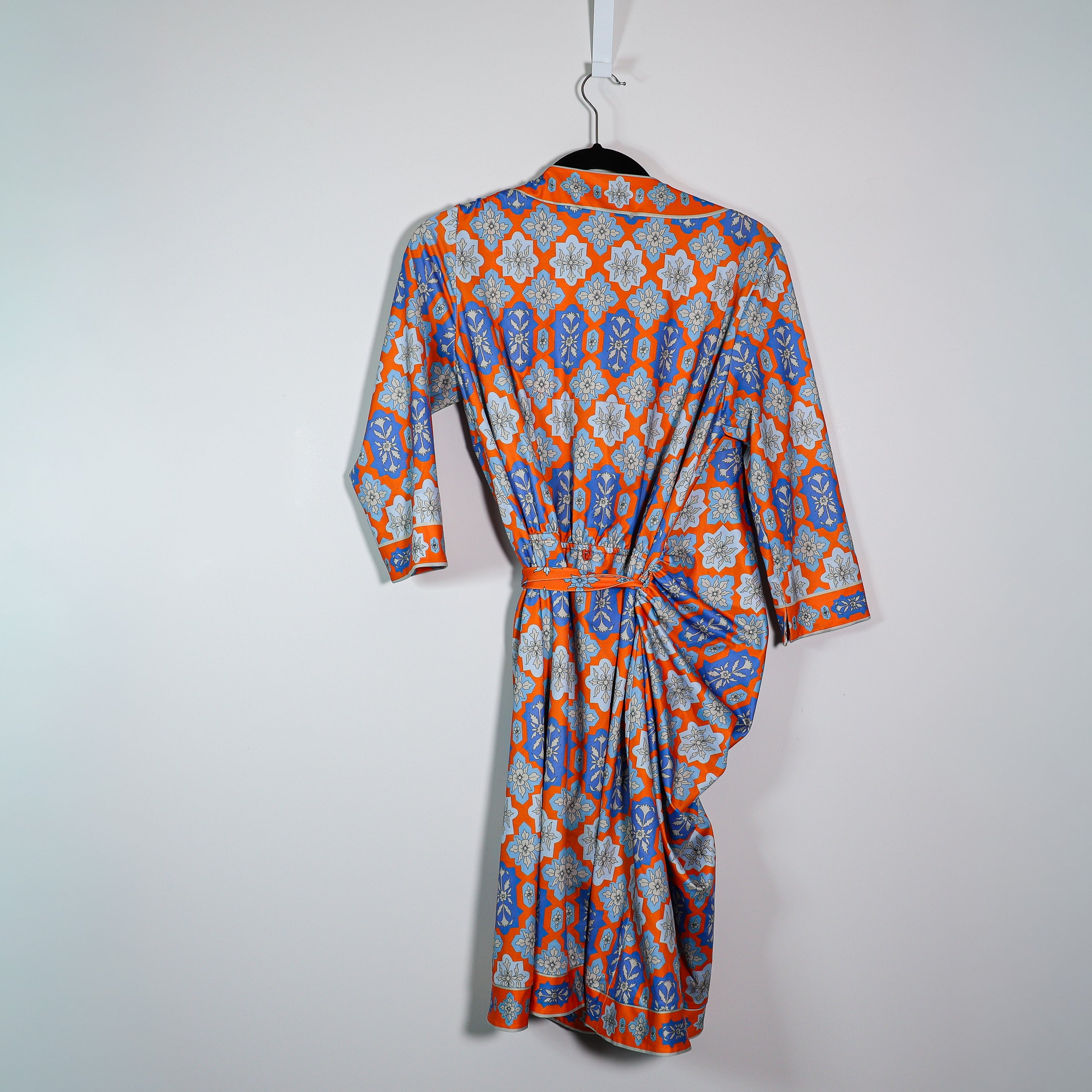 Gretchen Scott Floral Flower Geometric Print Pattern Orange Blue Wrap Dress M