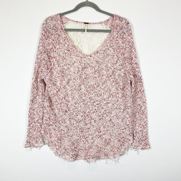 Free People Poppyseed Cotton Marled Knit Sheer Lace Back V Neck Pullover Sweater