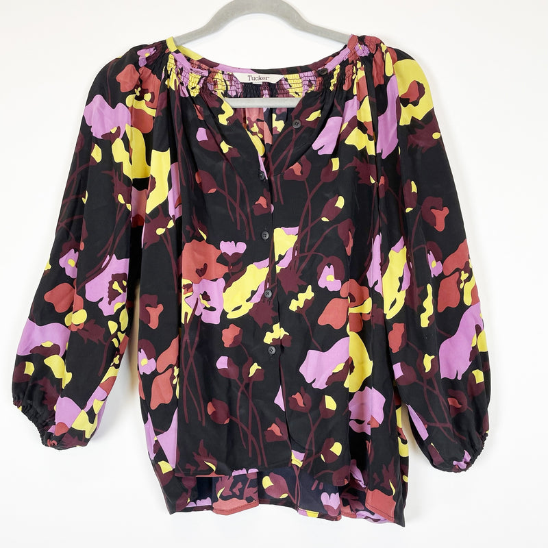 Tucker Silk Chiffon Button Front Purple Floral Abstract Long Sleeve Blouse Shirt