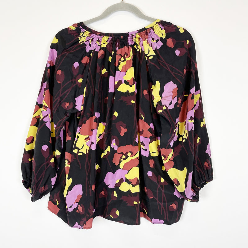 Tucker Silk Chiffon Button Front Purple Floral Abstract Long Sleeve Blouse Shirt