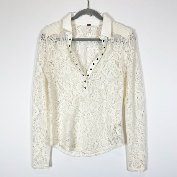 Free People Cozy Cadet Floral Flower Lace Crochet Collared Button Front Shirt S