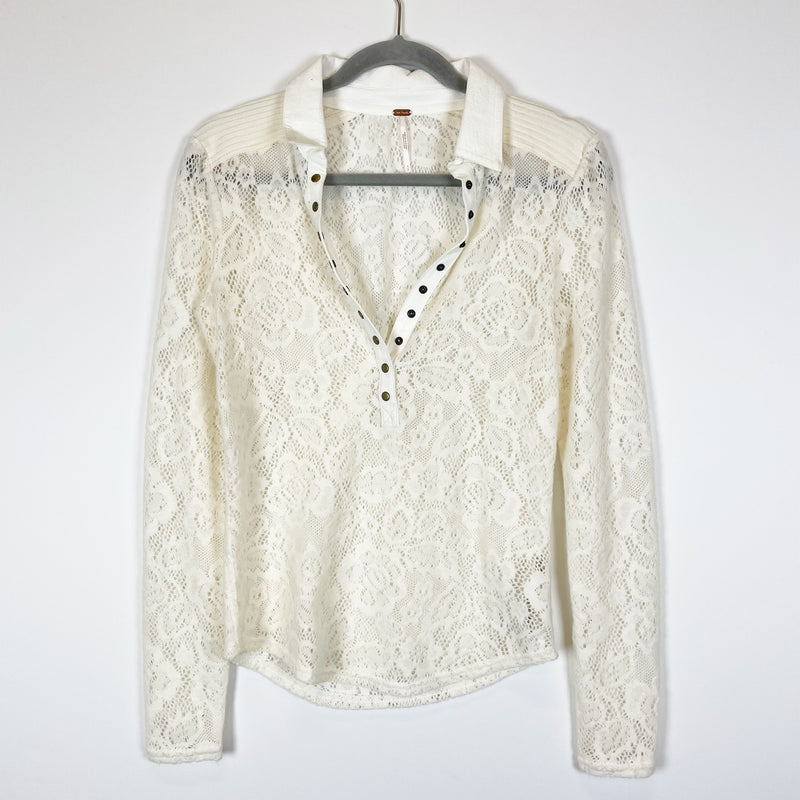 Free People Cozy Cadet Floral Flower Lace Crochet Collared Button Front Shirt S