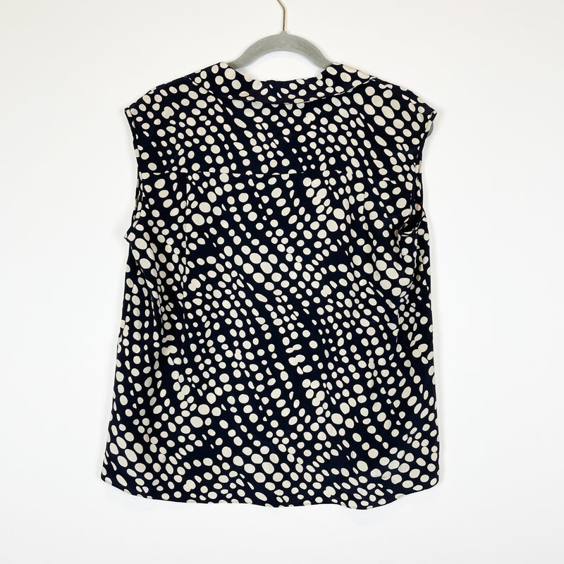 Rena Lange Silk Chiffon Collared Sleeveless Navy Blue Ivory Polka Dot Blouse 10