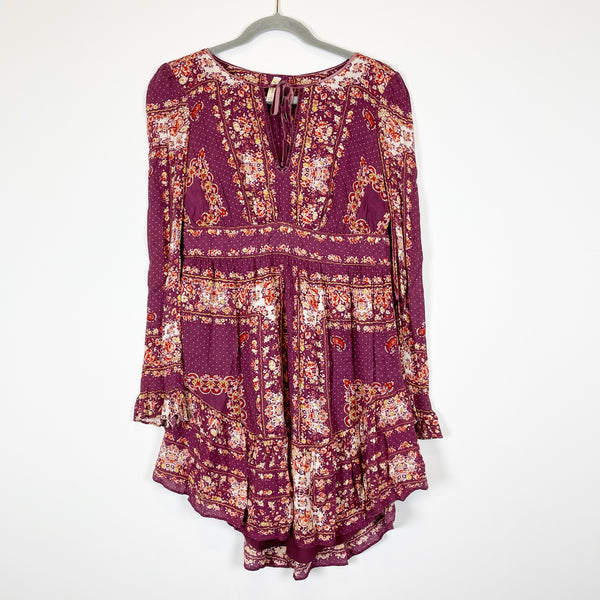 Free People Bridgette Boho Berry Combo Print V Neck Long Sleeve Mini Dress XS