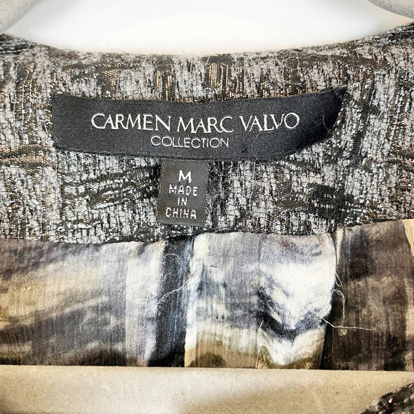 Carmen Marc Valvo Metallic Textured Collared Fur Trim Sleeve Overcoat Jacket M