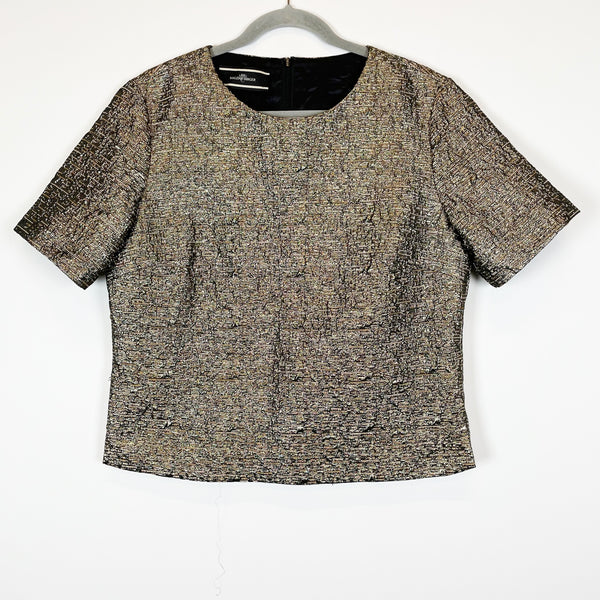 Malene Birger Gold Bronze Metallic Textured Short Sleeve Pullover Blouse Shirt