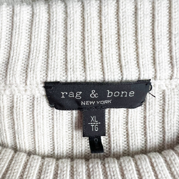 Rag &amp; Bone Nikole Wool Ribbed Knit Satin Panel Crew Neck Pullover Sweater Ivory